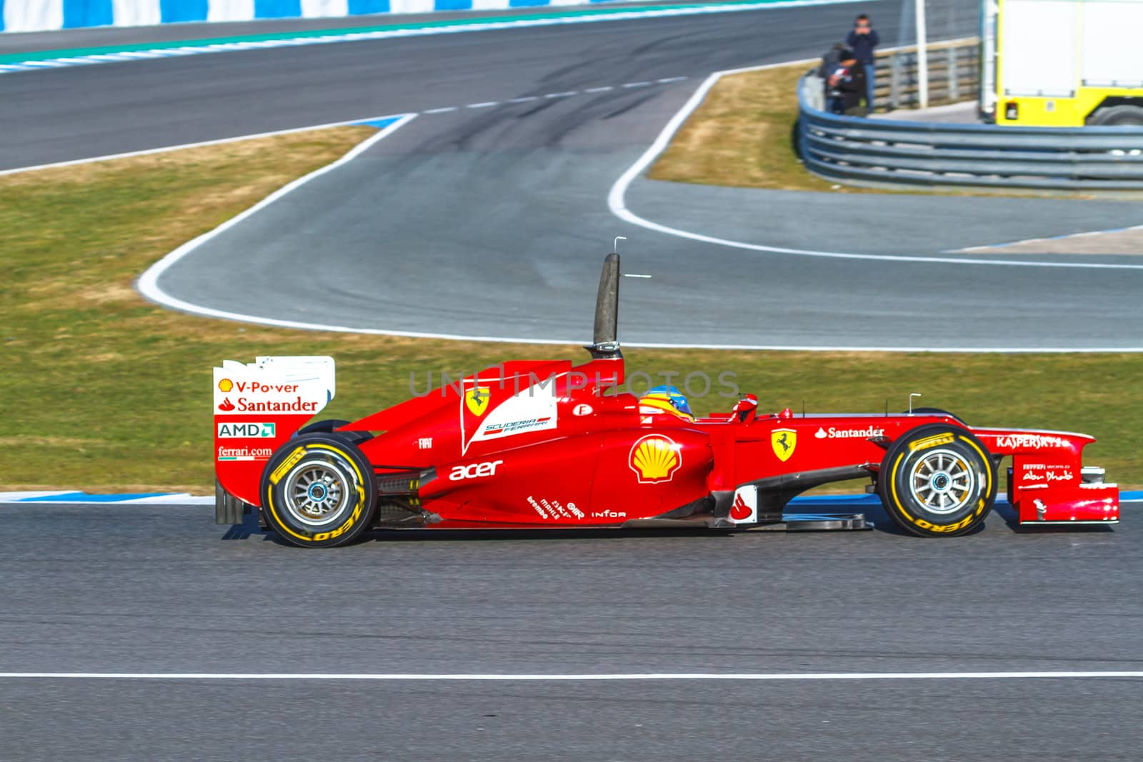 JEREZ DE LA FRONTERA, SPAIN - FEB 10: Fernando Alonso of Scuderia Ferrari F1 races on training session on February 10 , 2012, in Jerez de la Frontera , Spain