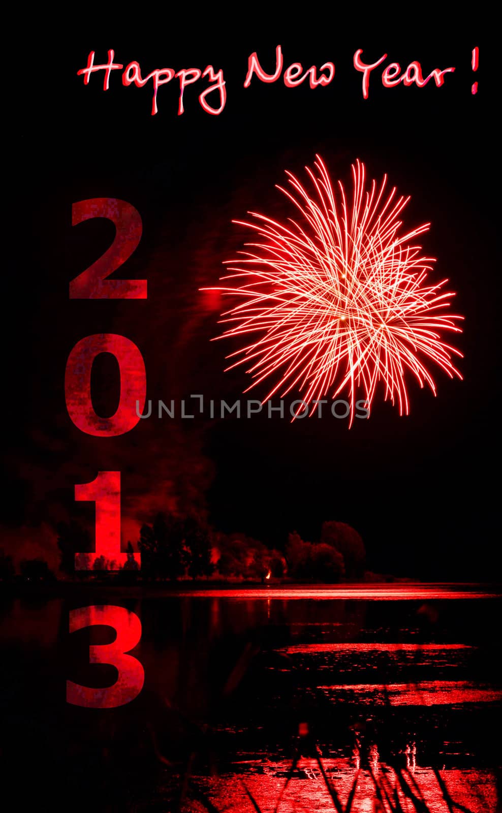 Beautiful 2013 red firework over a lake celebration background or new year's eve card.