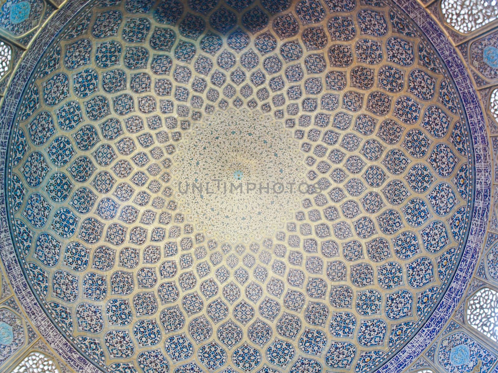 Dome of the mosque, oriental ornaments from Sheikh Loft Allah Mosque in Isfahan, Iran