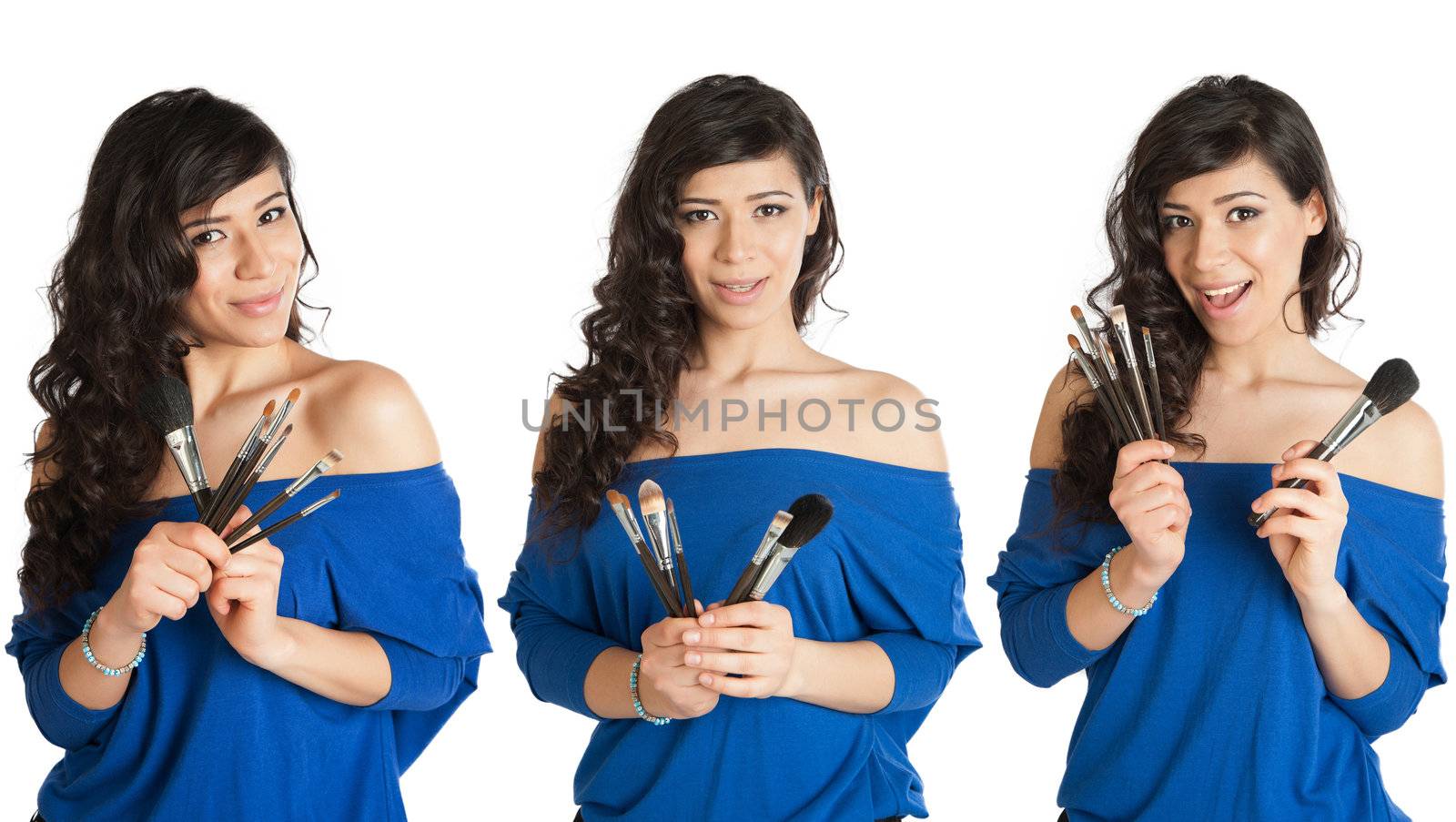 Collage of a woman with makeup brushes