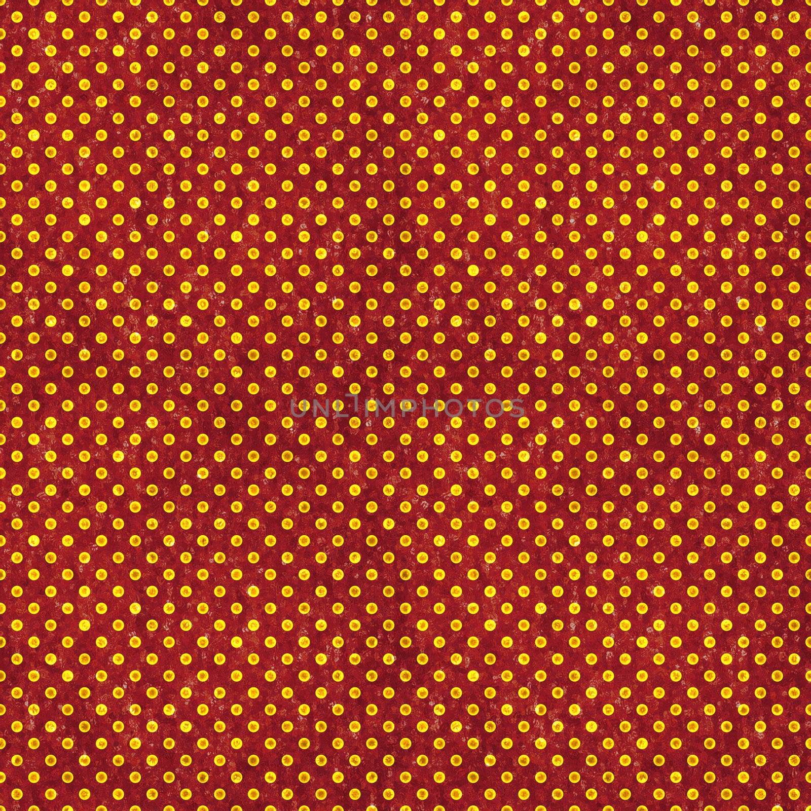 Glowing small gold polka dots on deep red textured background. Seamless
