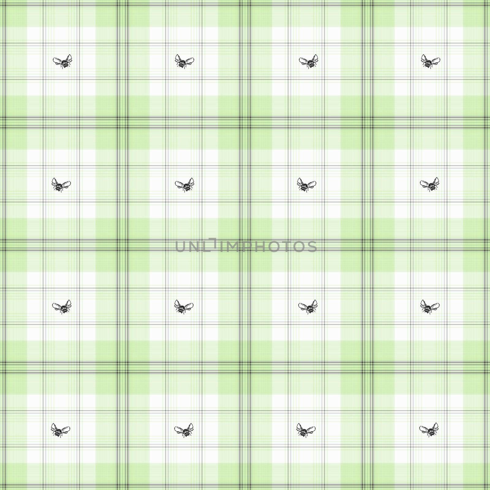 Seamless pastel mint green plaid with small flying bees.