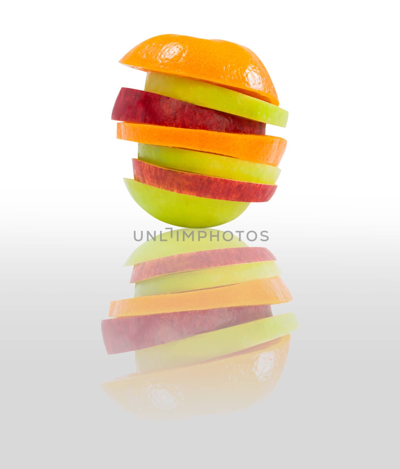 fresh Mixed fruit  on white background with reflection