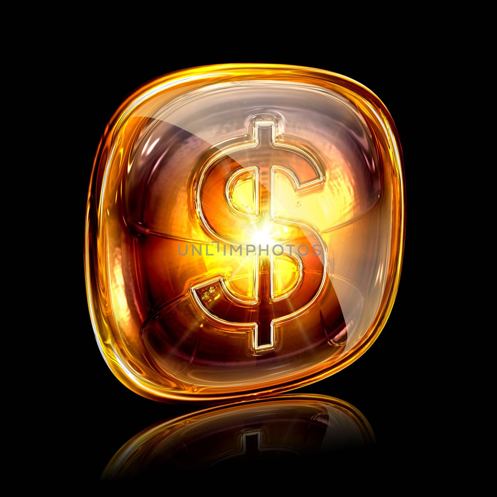 dollar icon amber, isolated on black background.