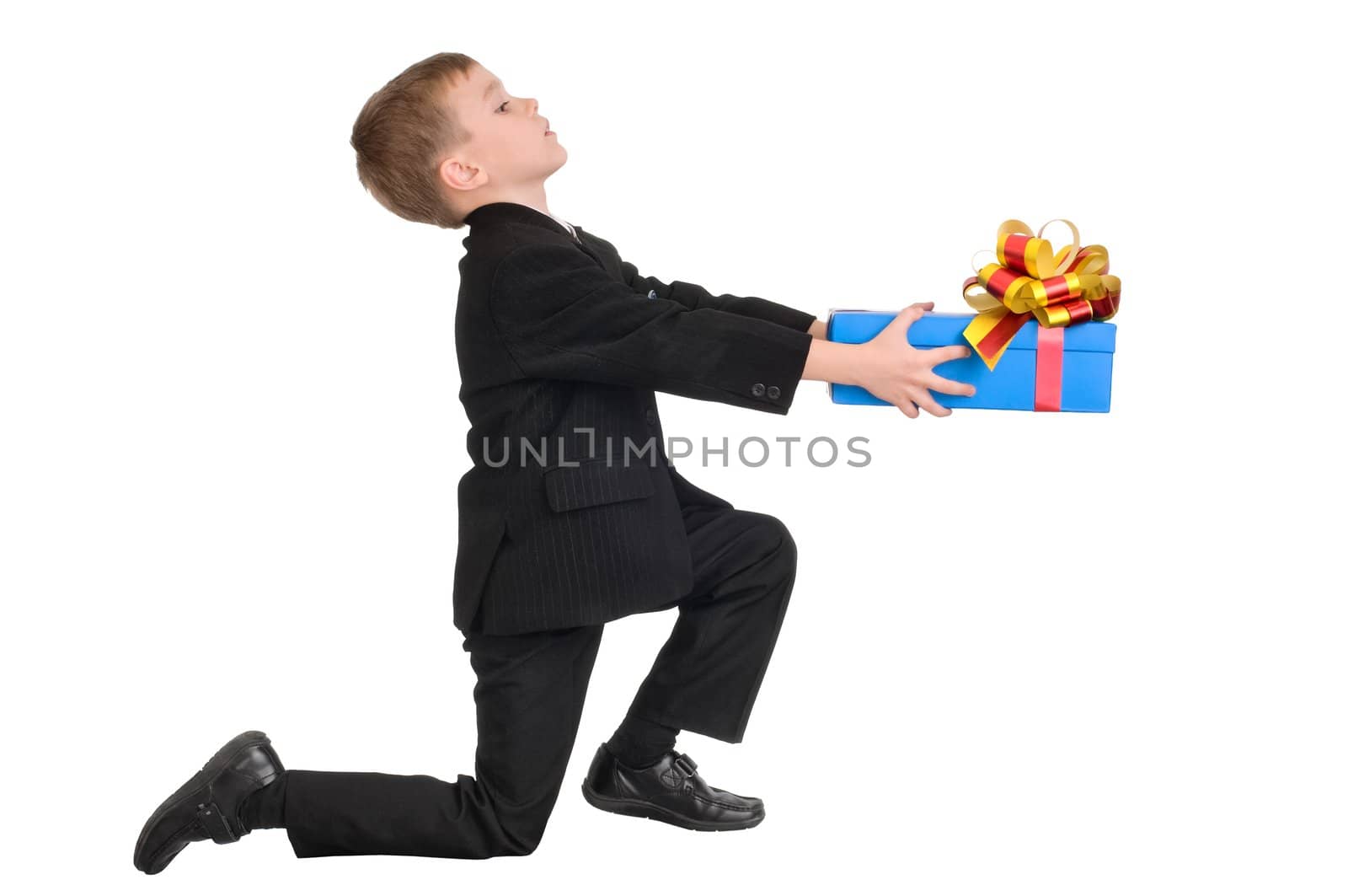 boy presenting a gift for his little love on white background