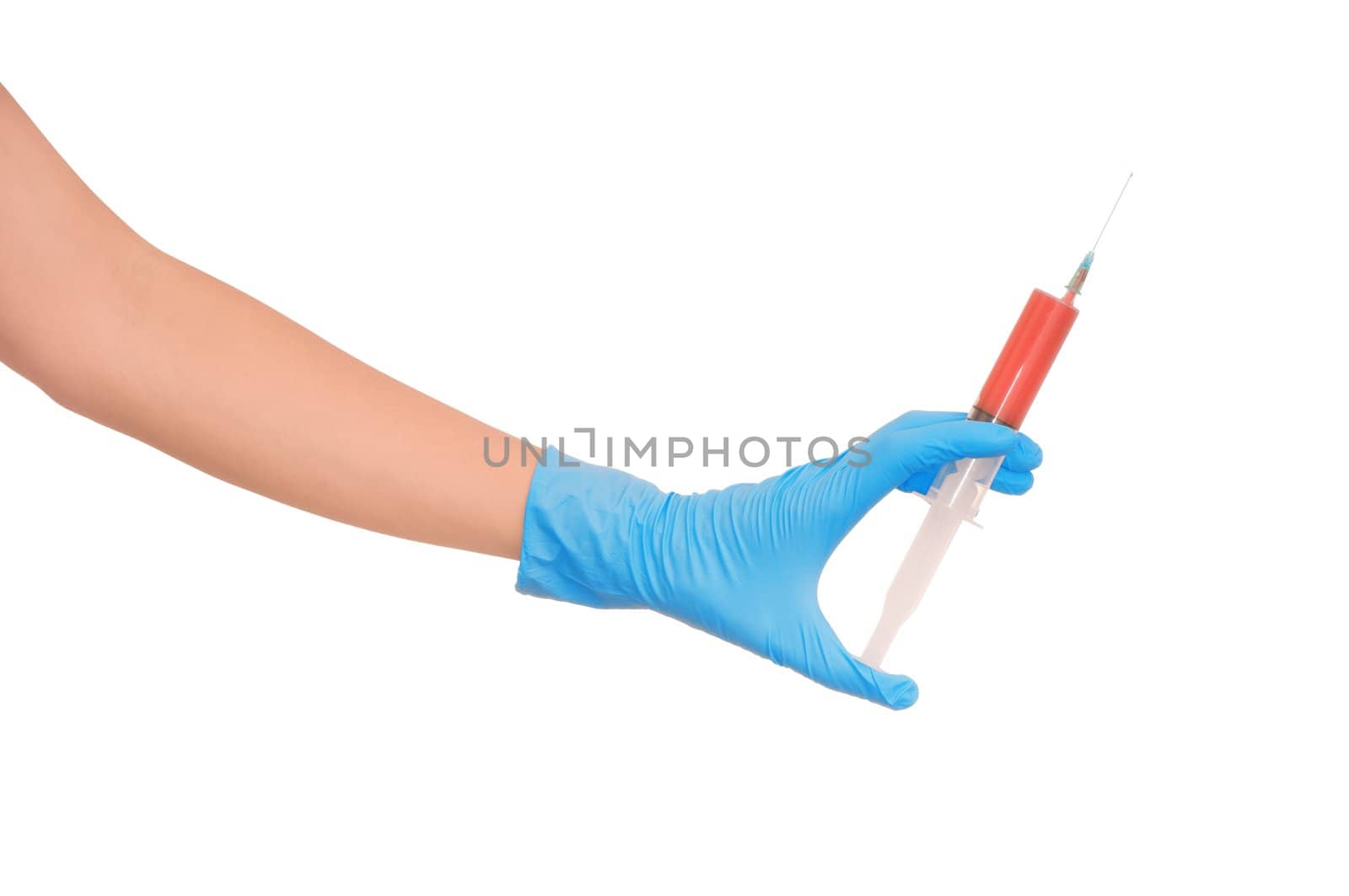 Woman holds in the hand syringe with a new antibiotic mixed with blood