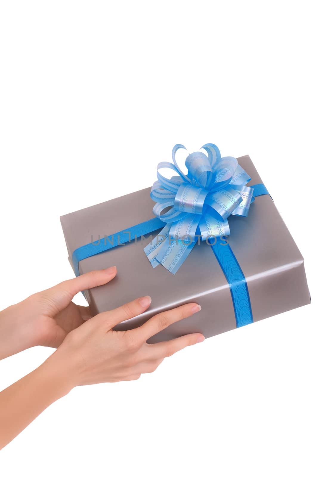 woman giving a silver box with blue bow as a gift