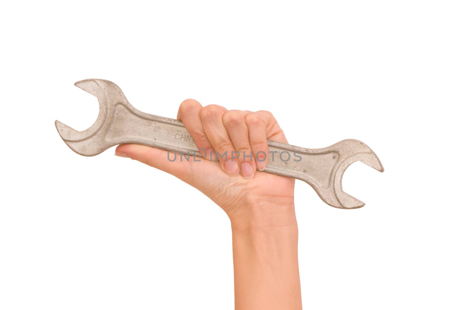 woman holding big chrome vanadium spanner in the hand