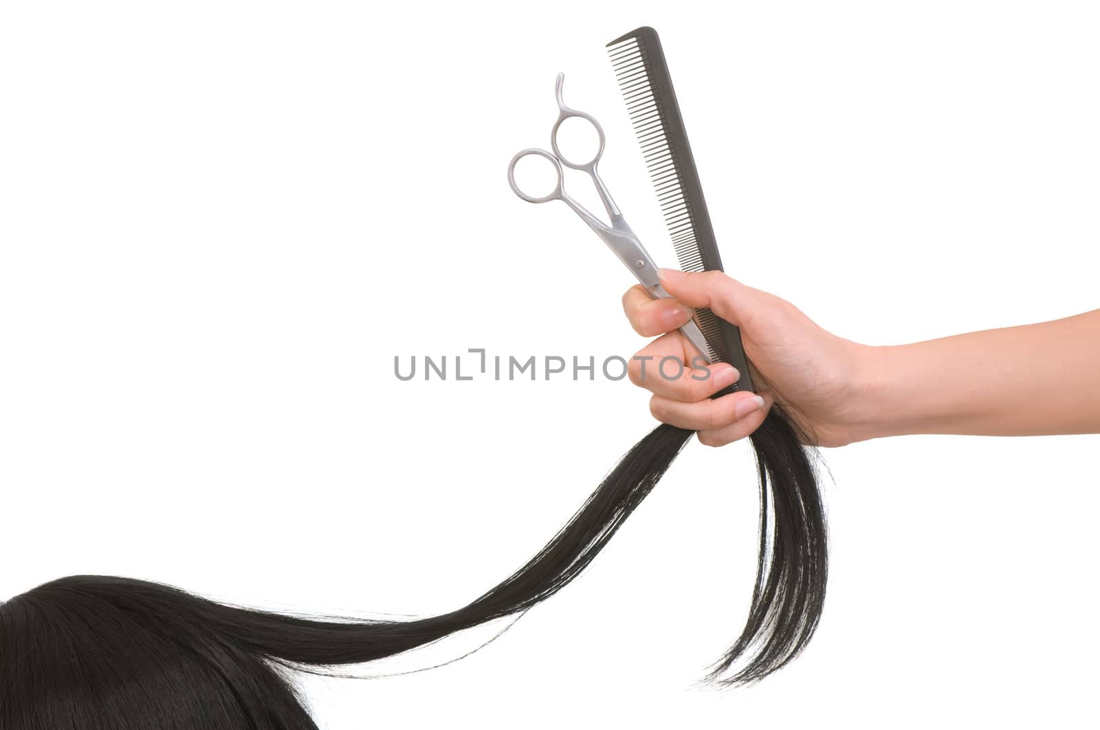 hairdresser cutting young woman with long black hair