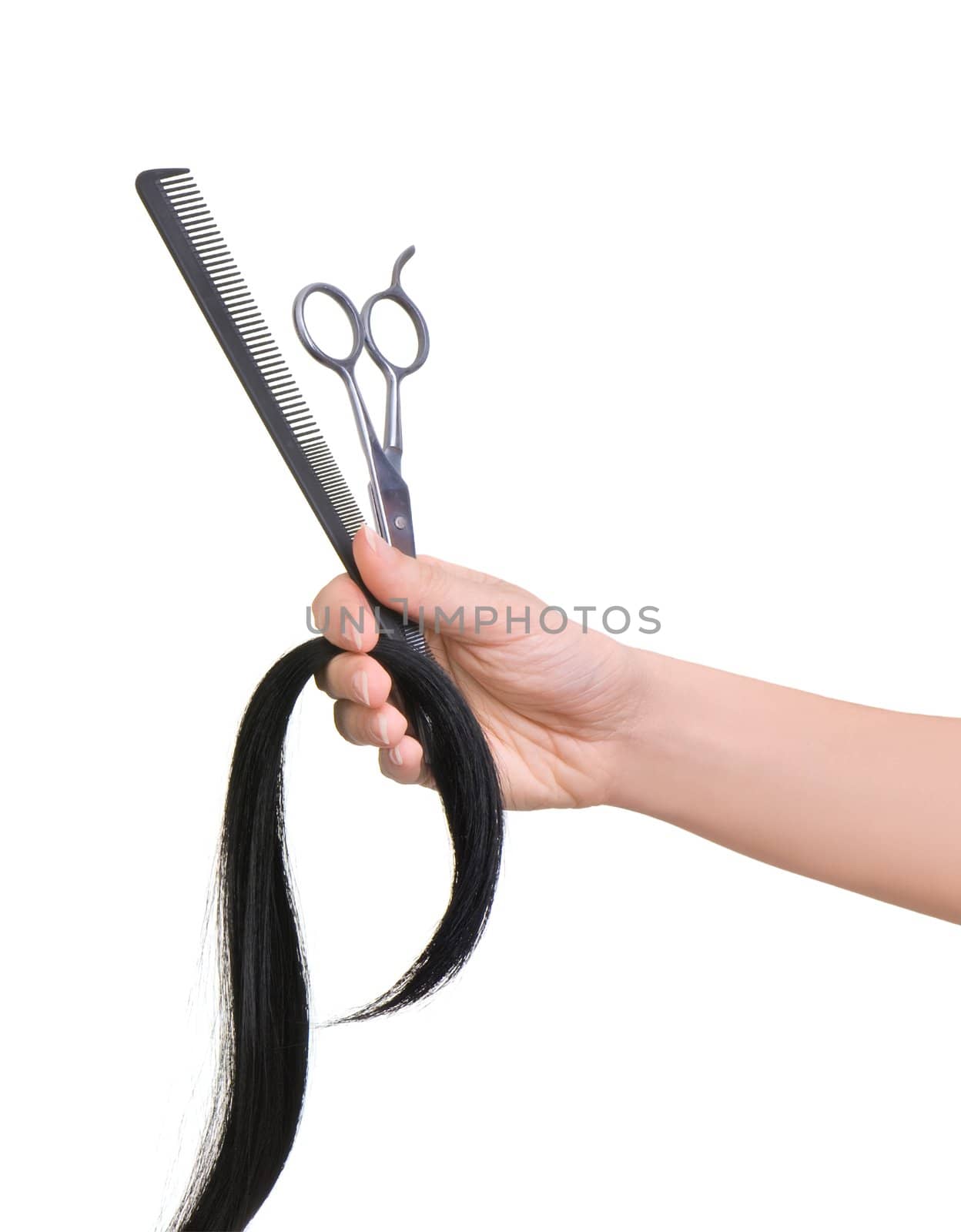 hairdresser cutting young woman with long black hair