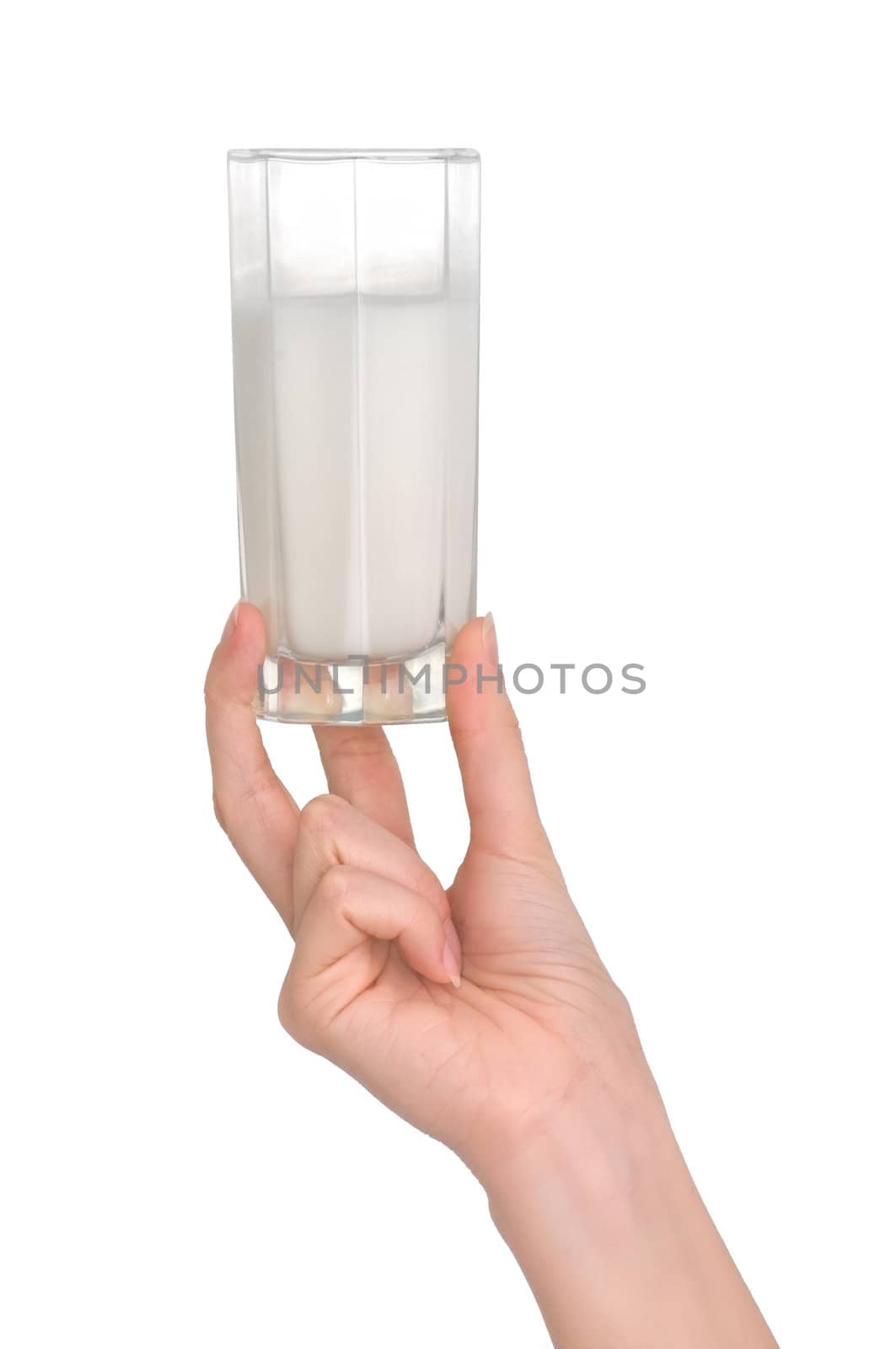 Woman giving a glass with milk on white background