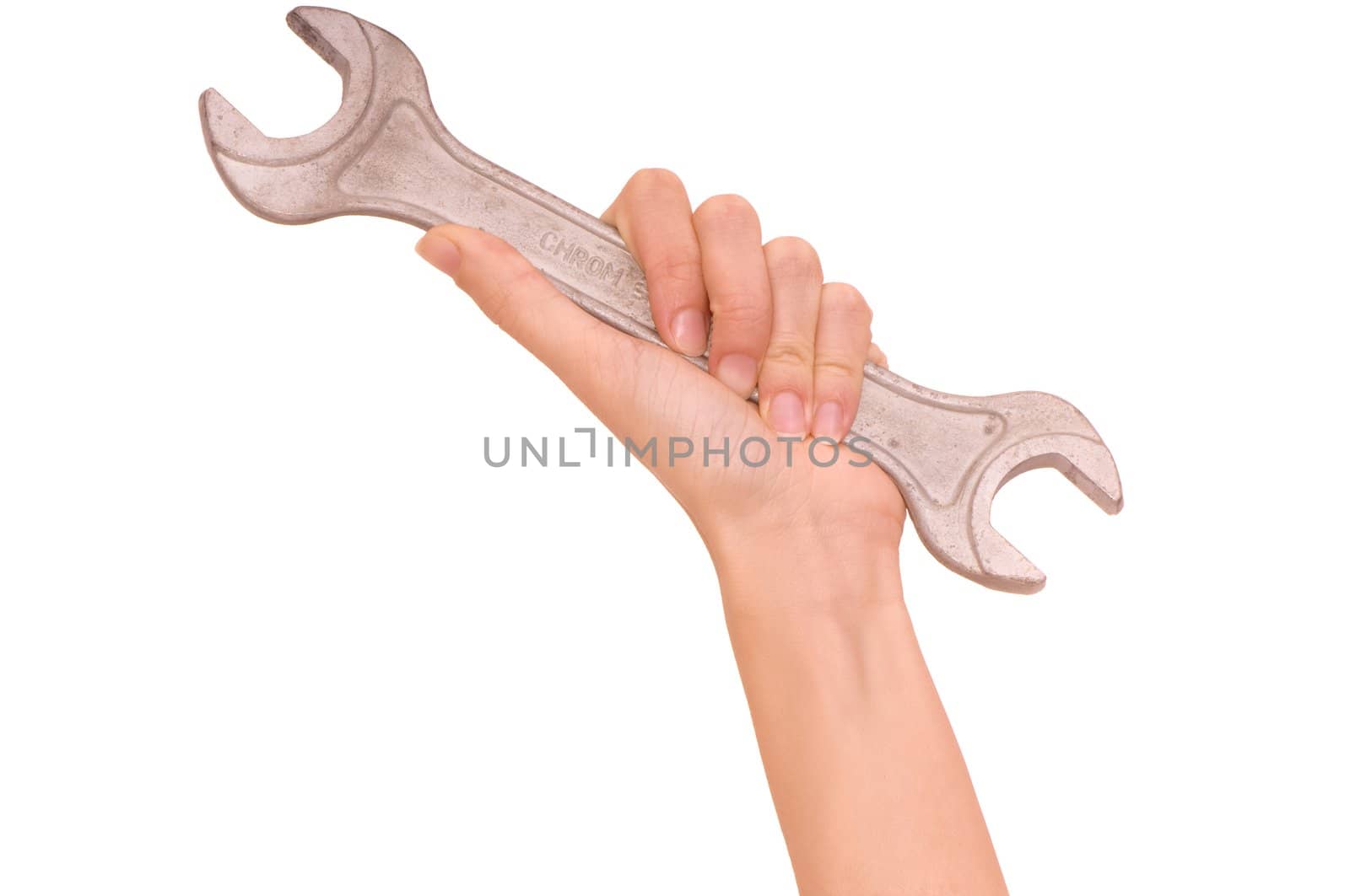 woman holding big chrome vanadium spanner in the hand