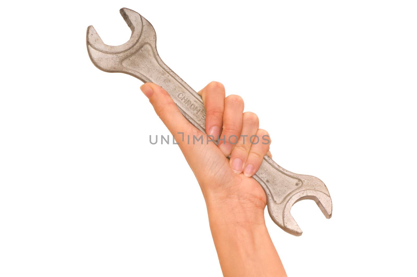 woman holding big chrome vanadium spanner in the hand