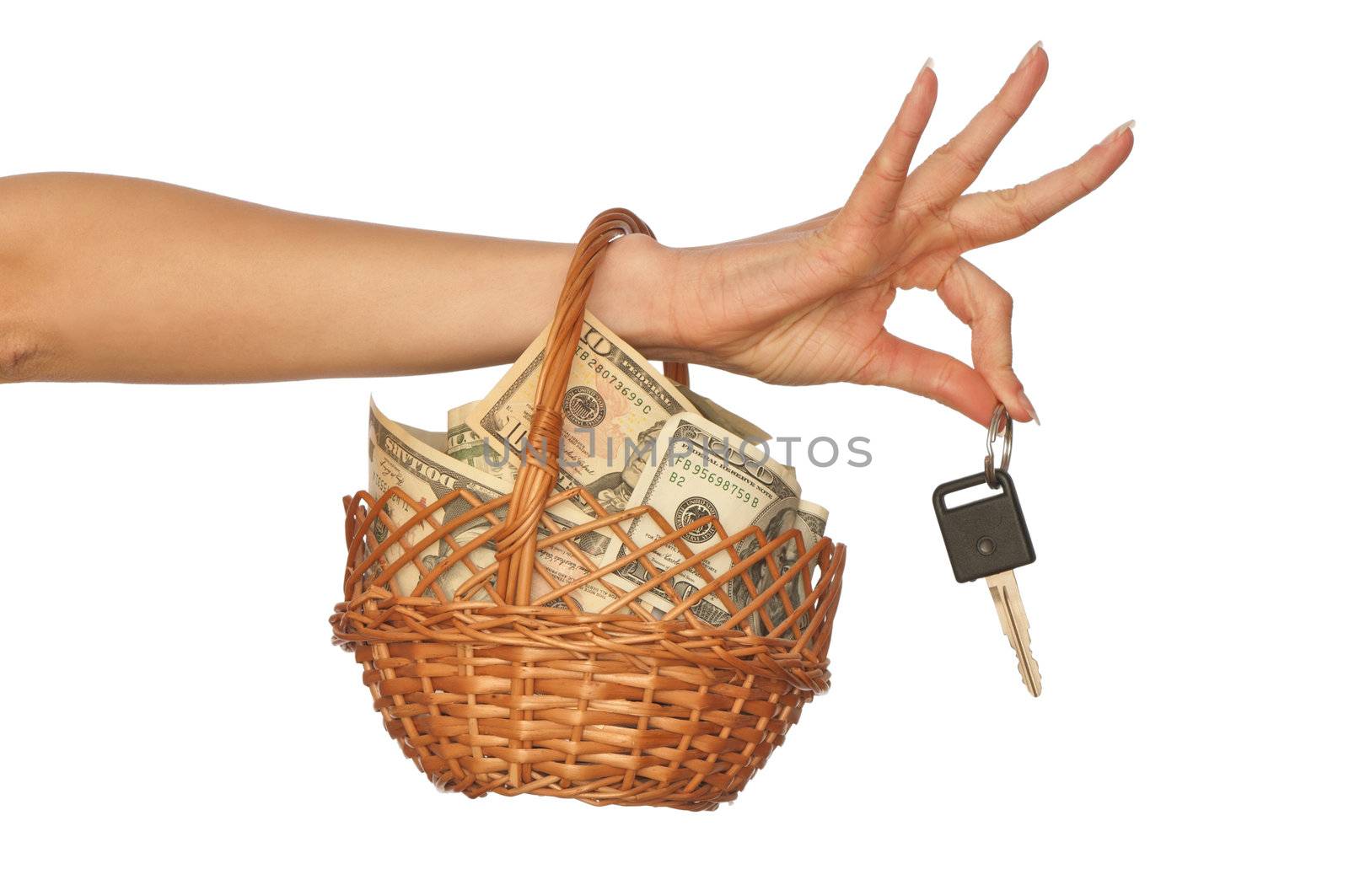 businesswoman owns the basket with dollars for stable business