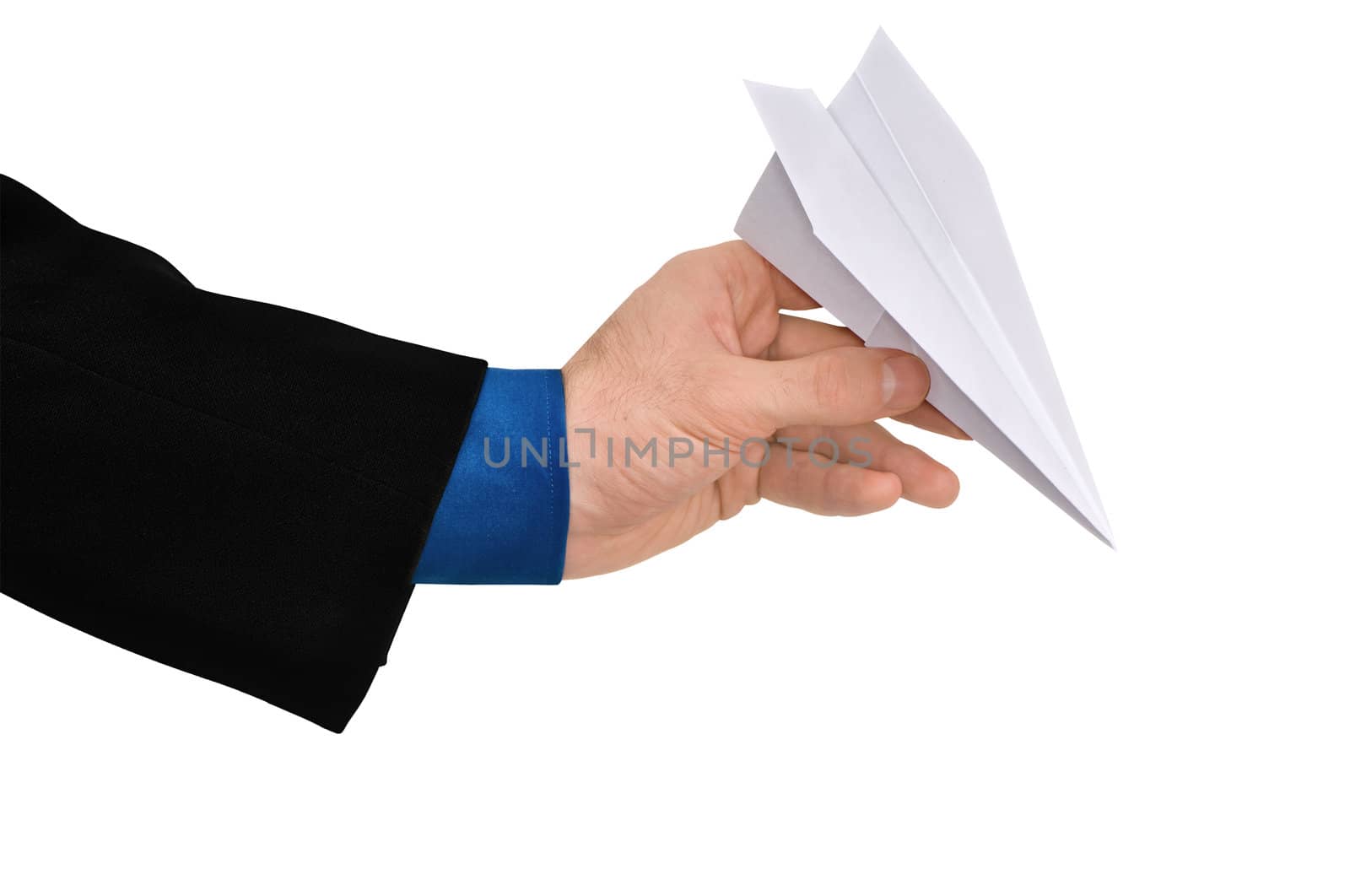 Businessman throwing white paper plane on white background