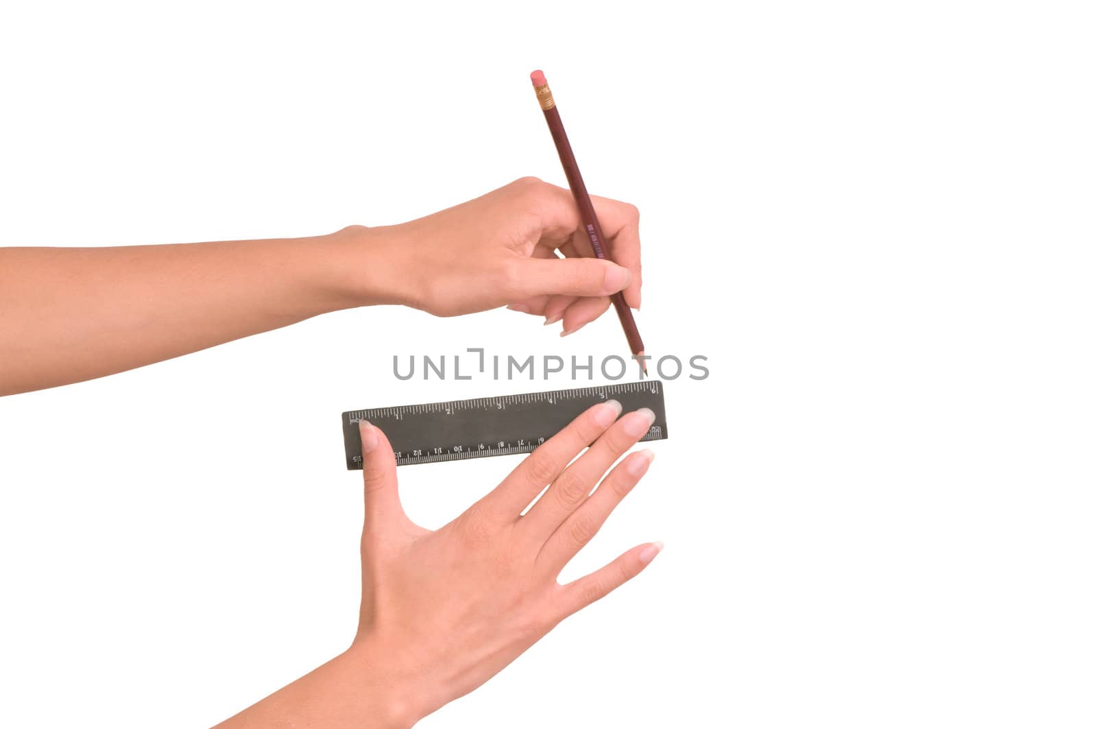 woman draws line with rule and pencil on white background