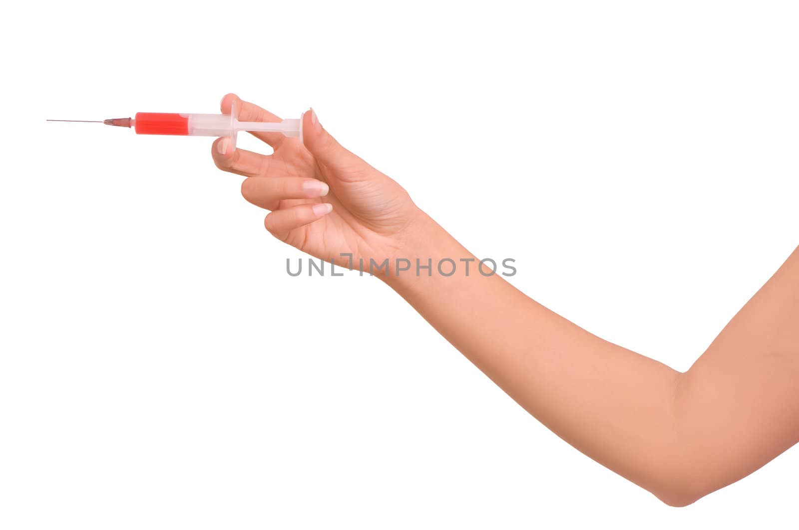 Woman holds in the hand syringe with a new antibiotic mixed with blood