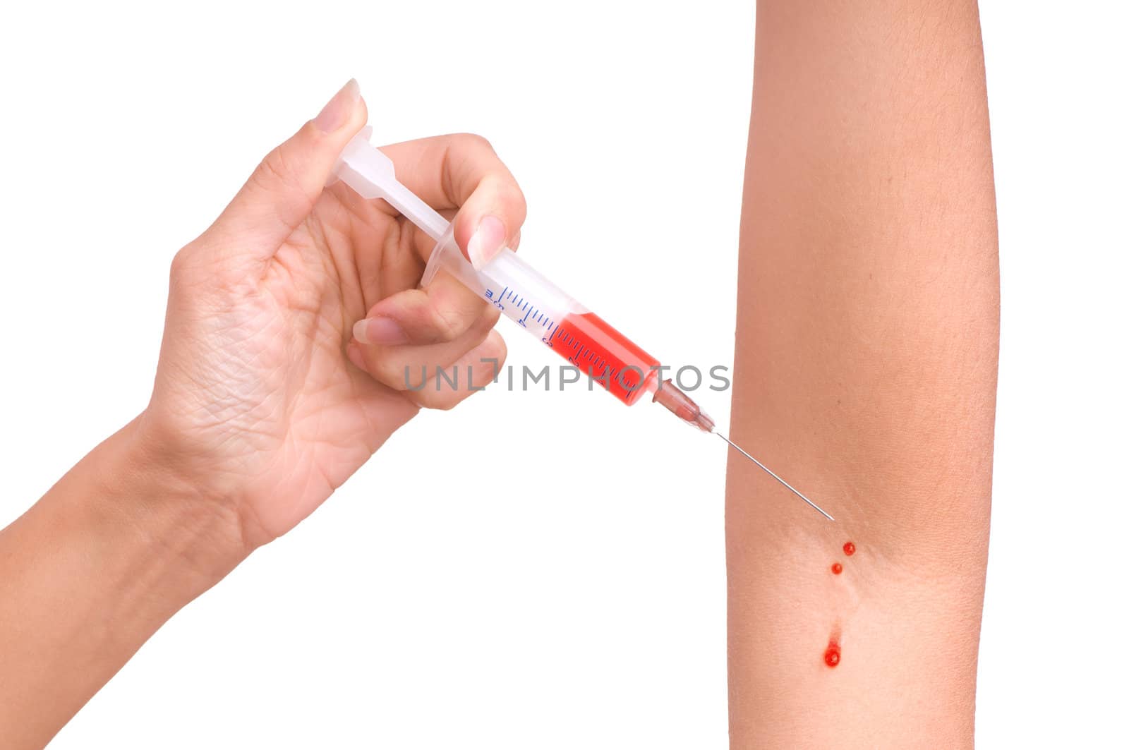 Patient make an injection for himself on white background