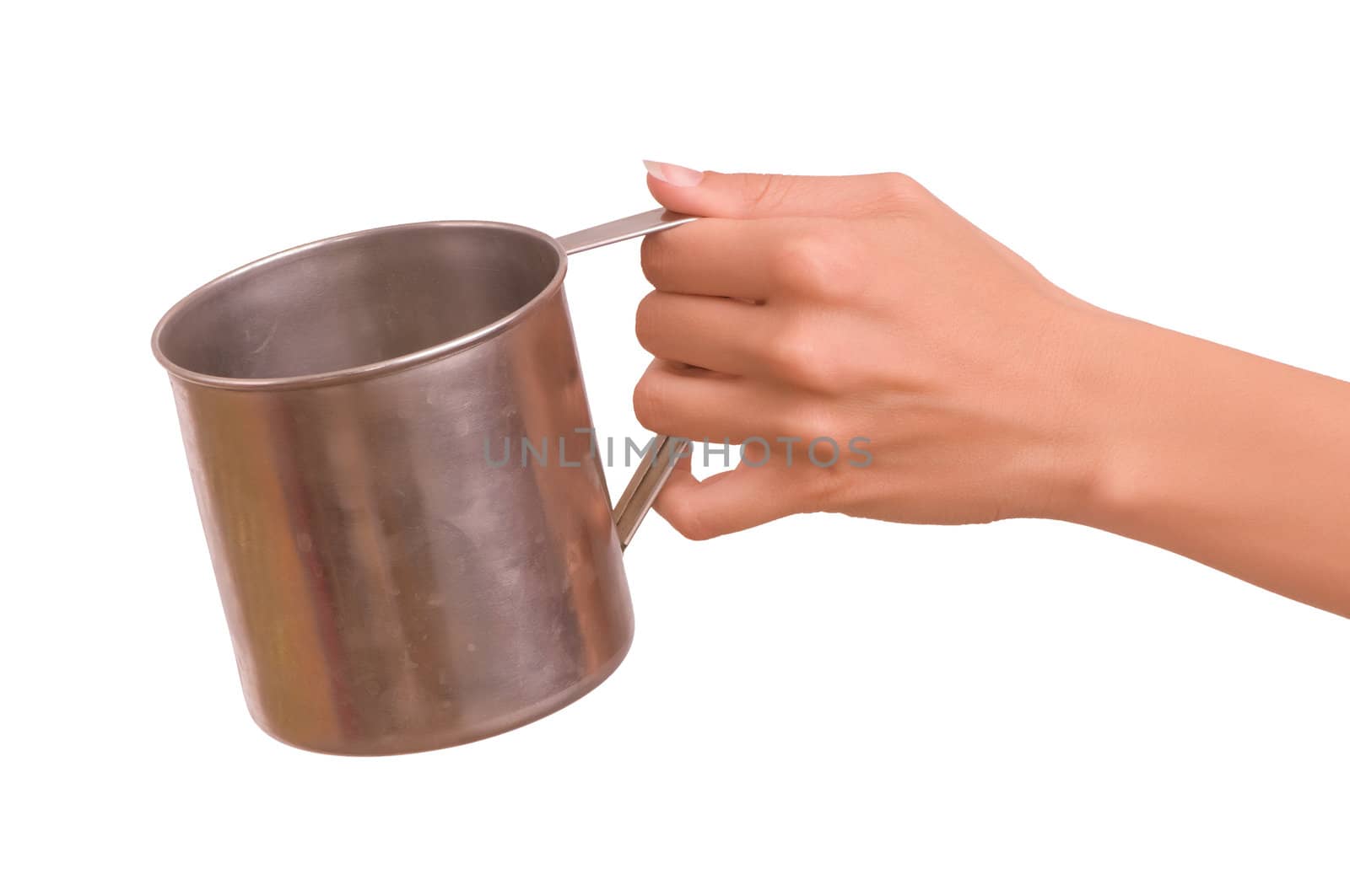 beggar woman with a metal cup asking the money