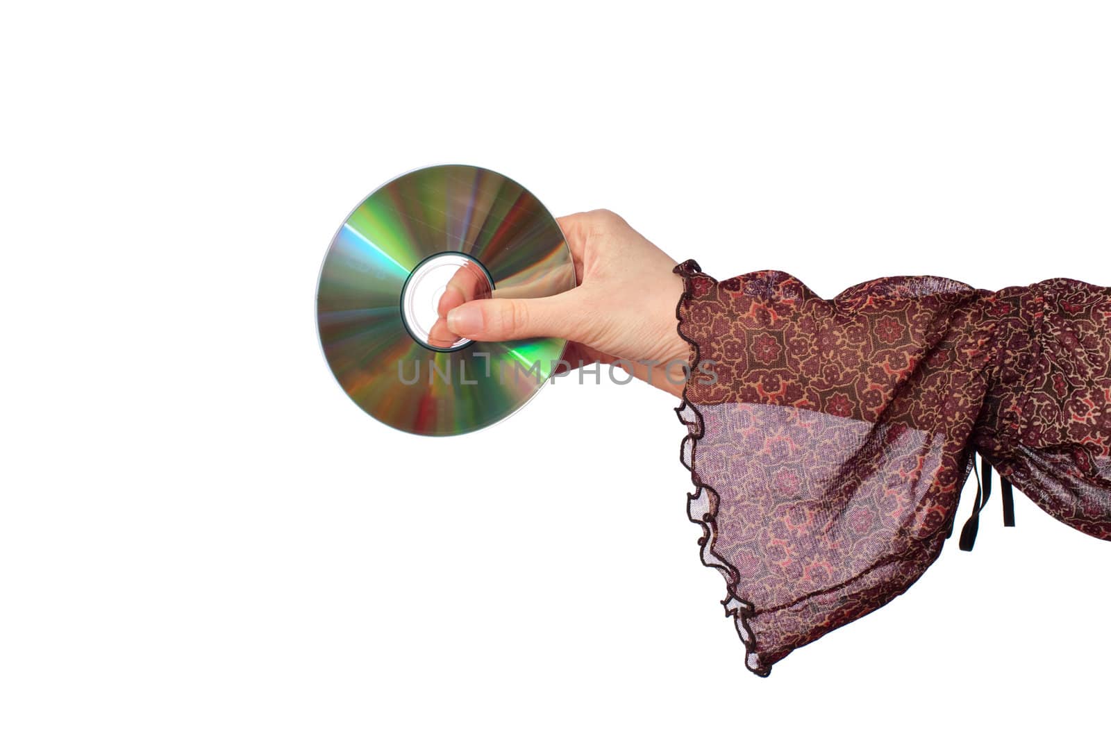 businesswoman holding a disk for storage information from computer