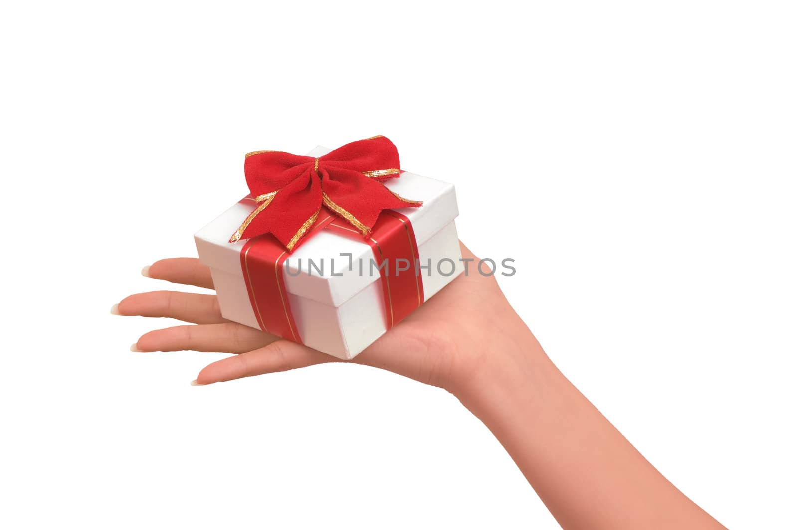 White box with red bow as a gift on white background