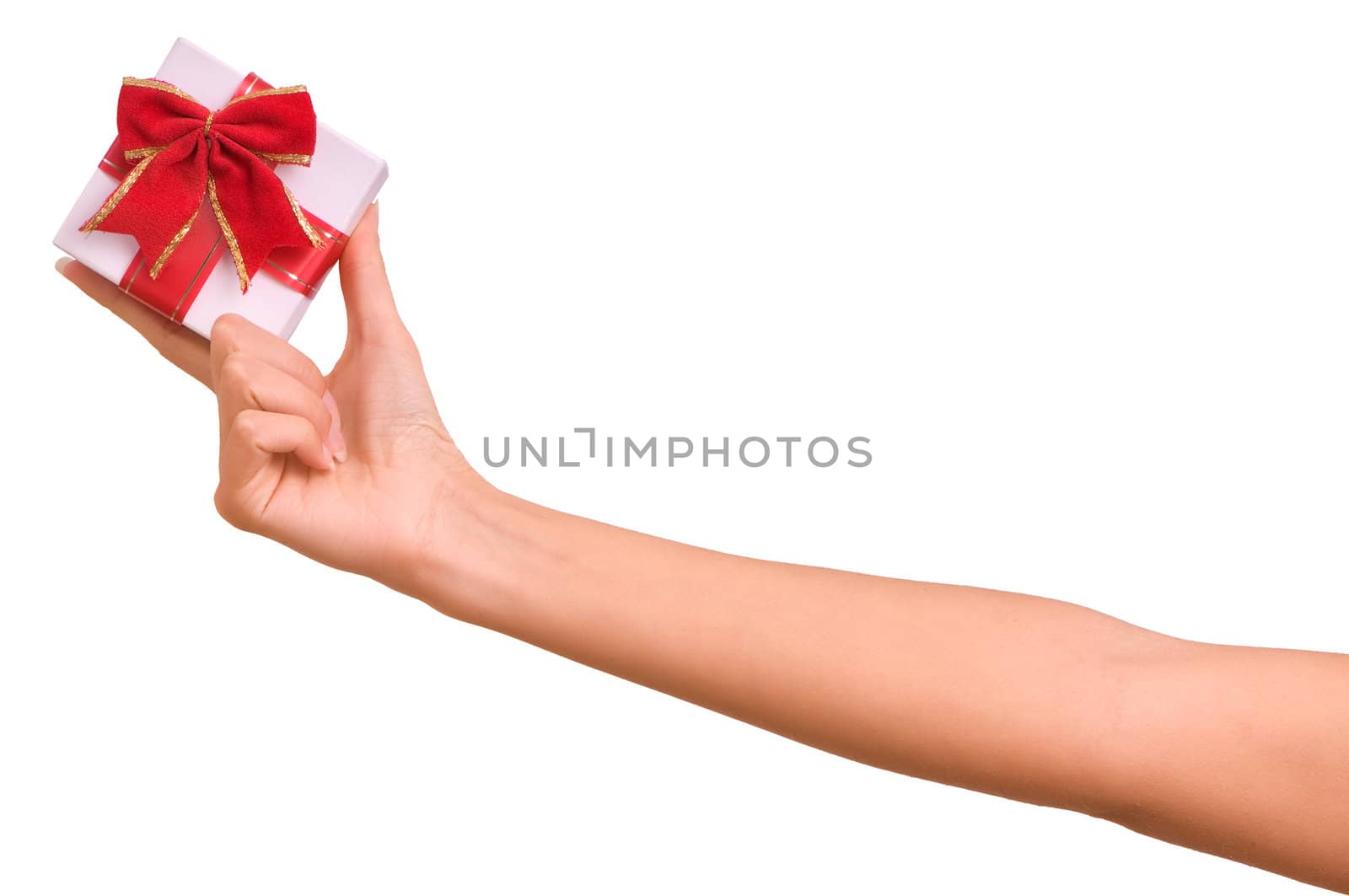 White box with red bow as a gift on white background