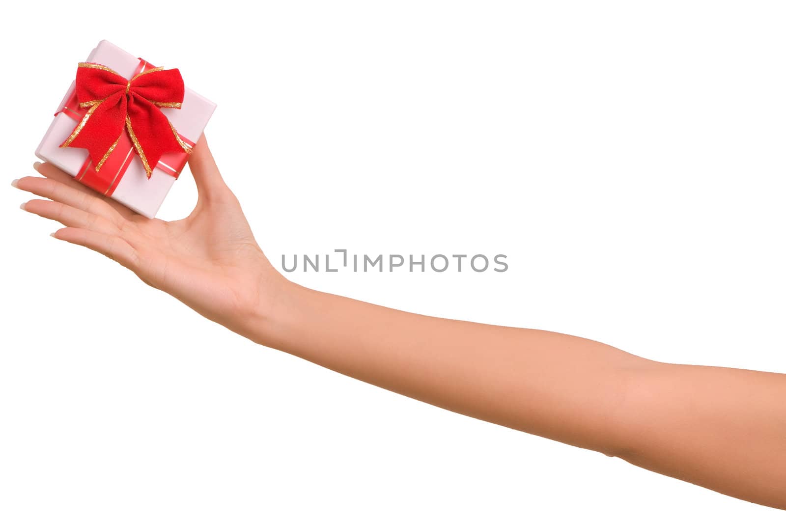 White box with red bow as a gift on white background