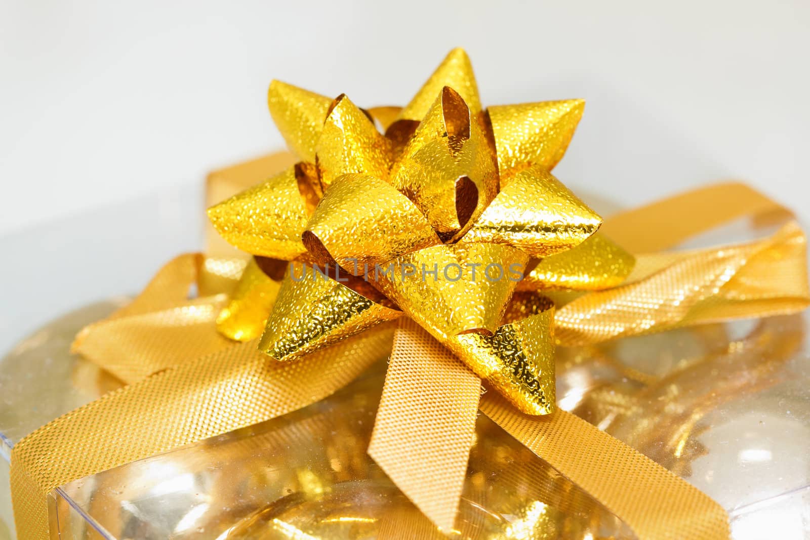 golden bow on a gift box. Close-up