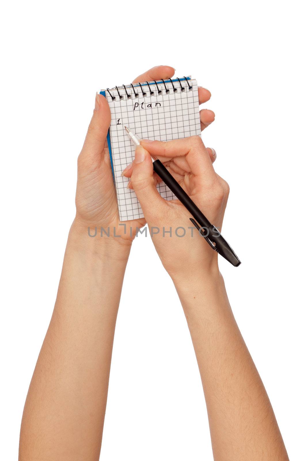 Business woman writing business plan on white background