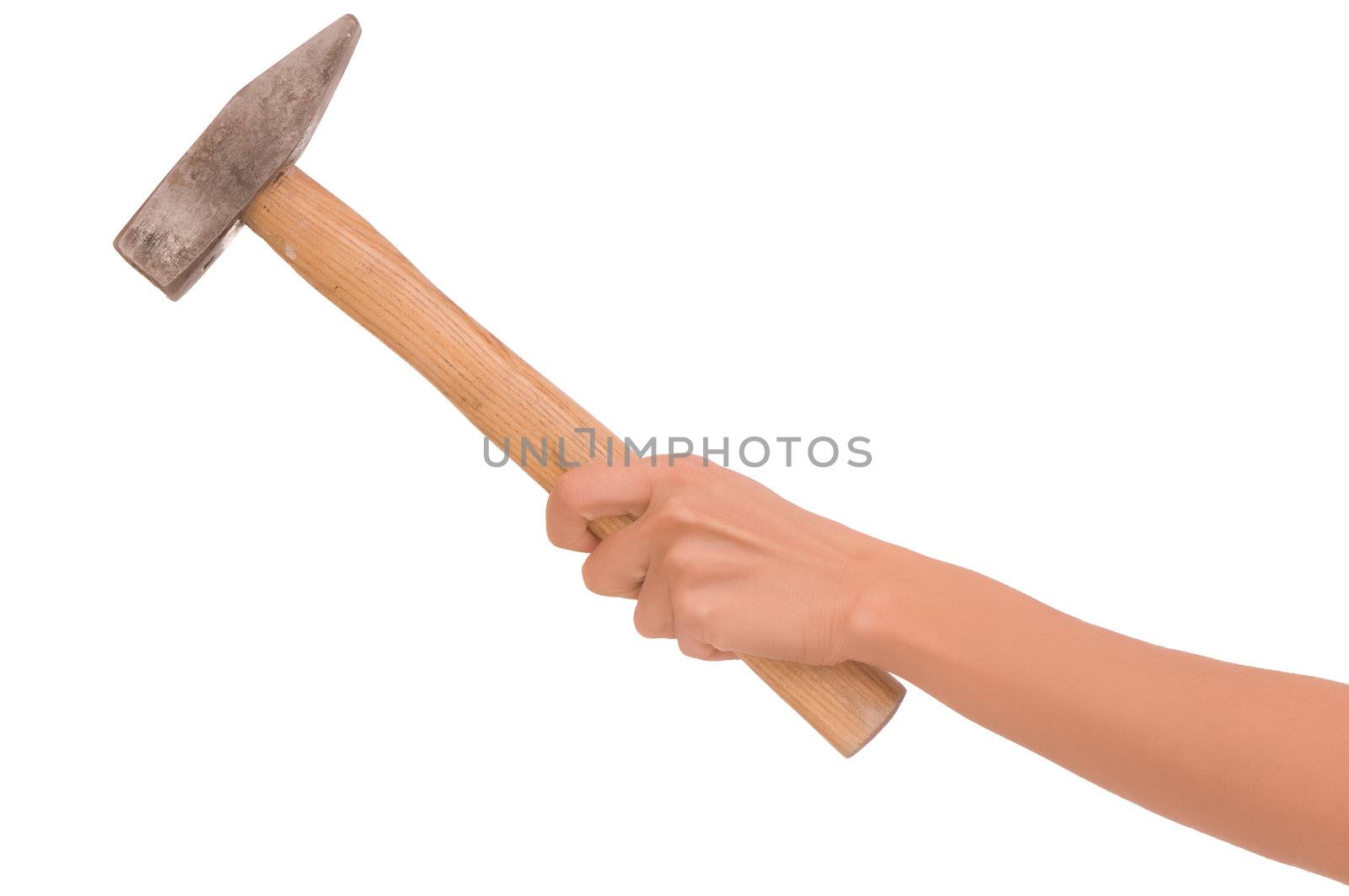woman working with a hammer on white background