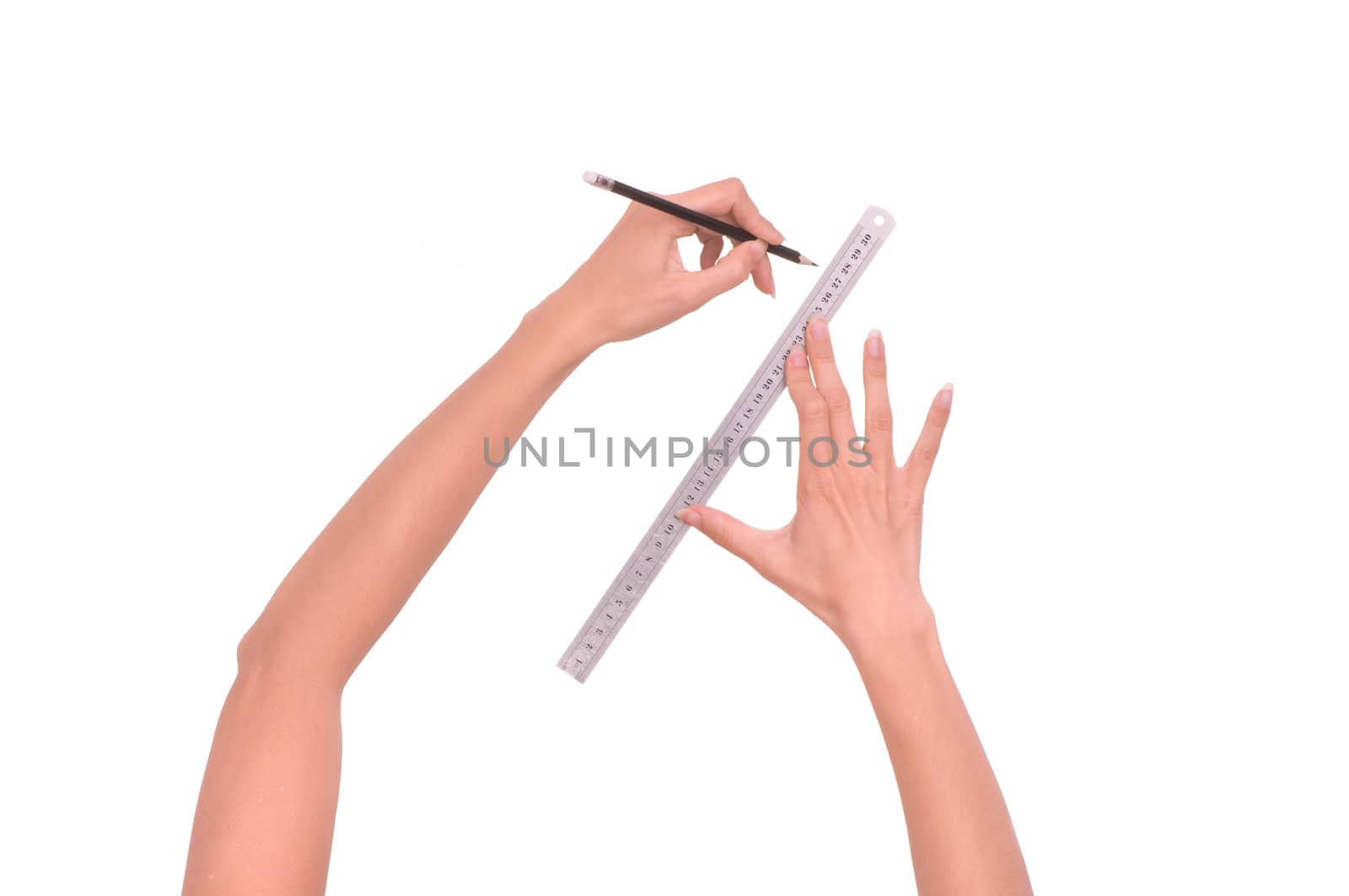woman draws line with rule and pencil on white background