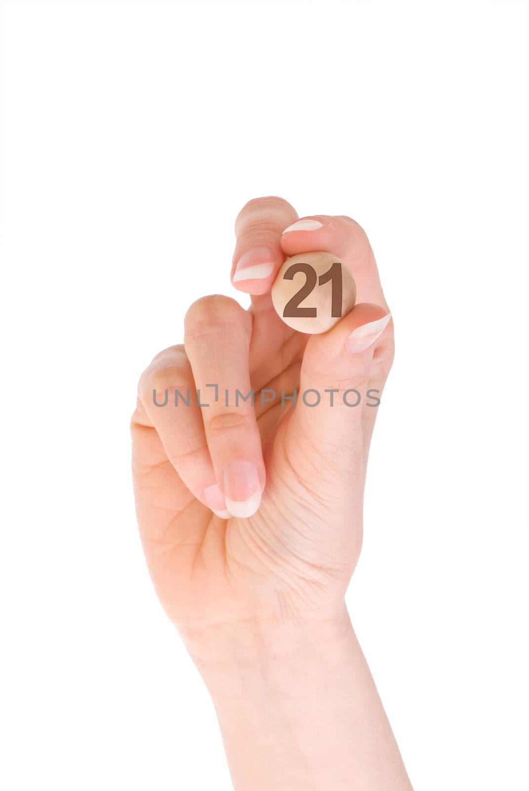 twenty-one bingo ball in the hand on white background