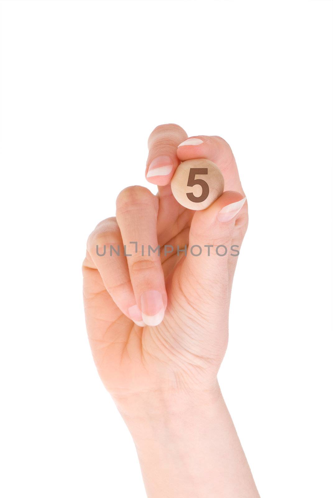 five bingo ball in the hand on white background