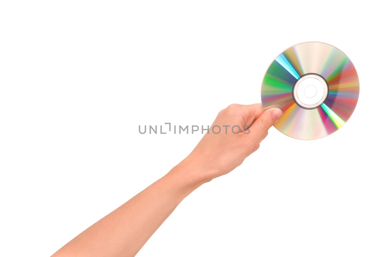 disk in the woman's hand on white background