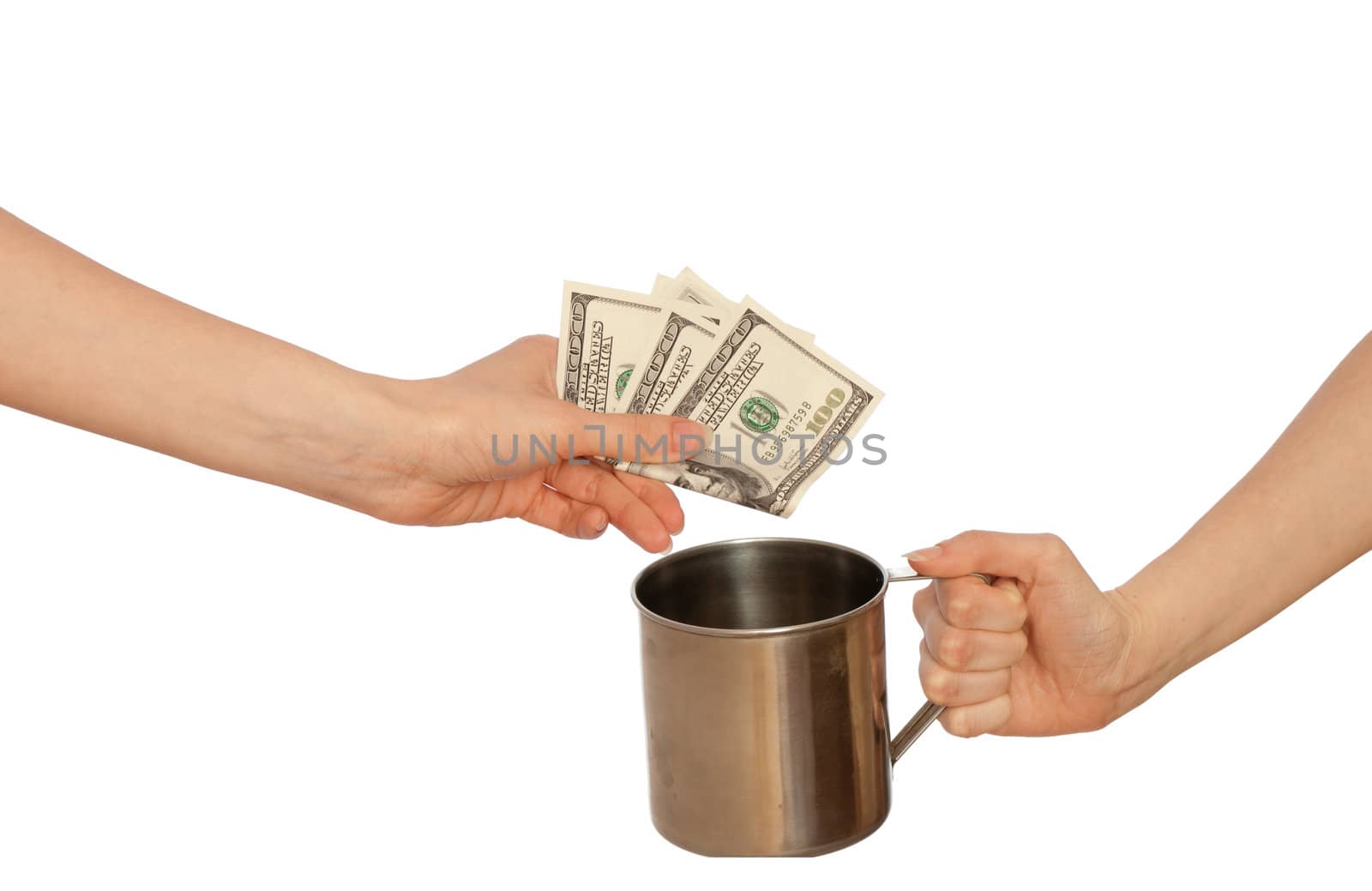 beggar woman with a metal cup asking the money