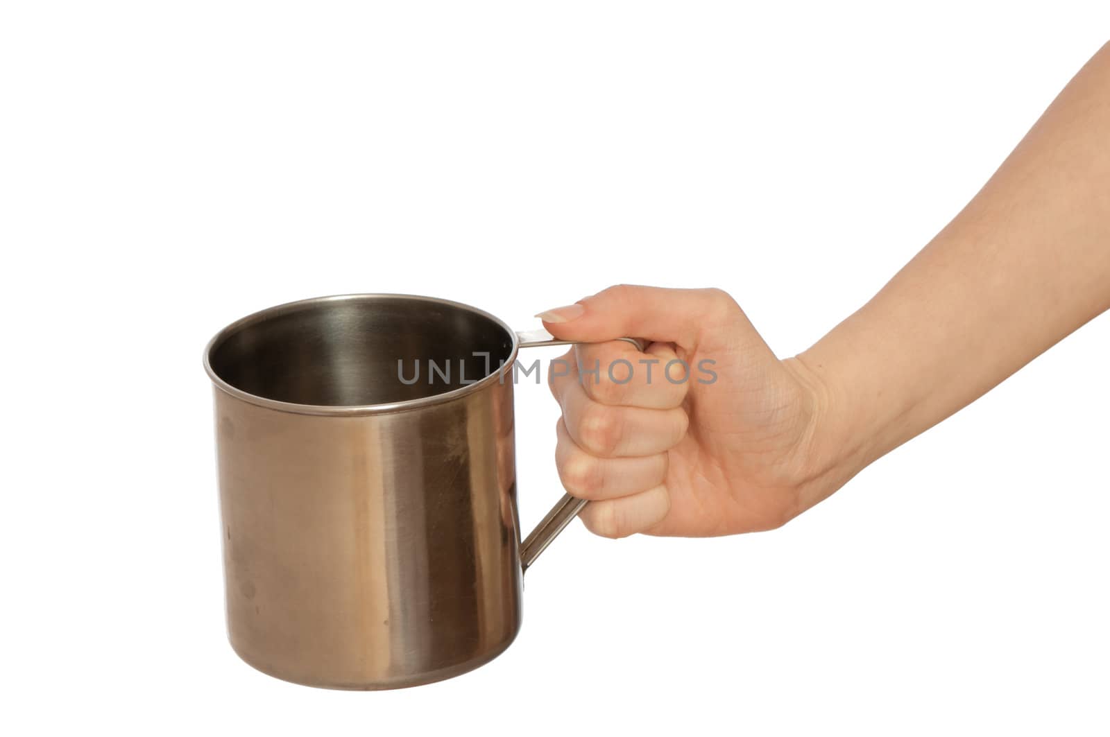 beggar woman with a metal cup asking the money