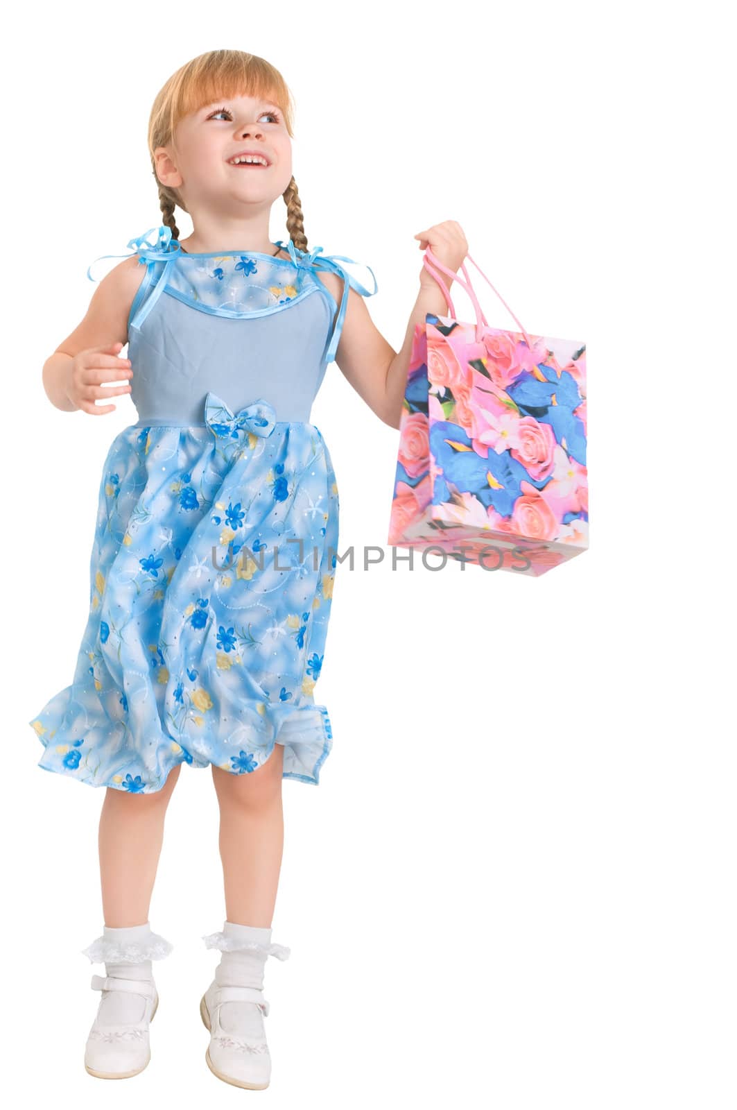 little girl making purchases in the shop on white background