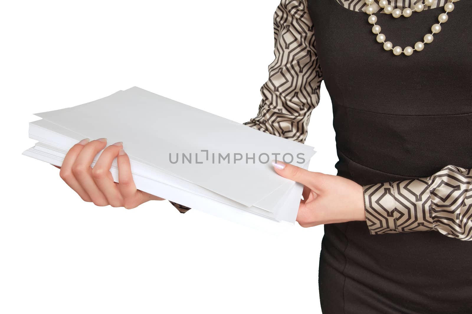 businesswoman giving documents for review on white background