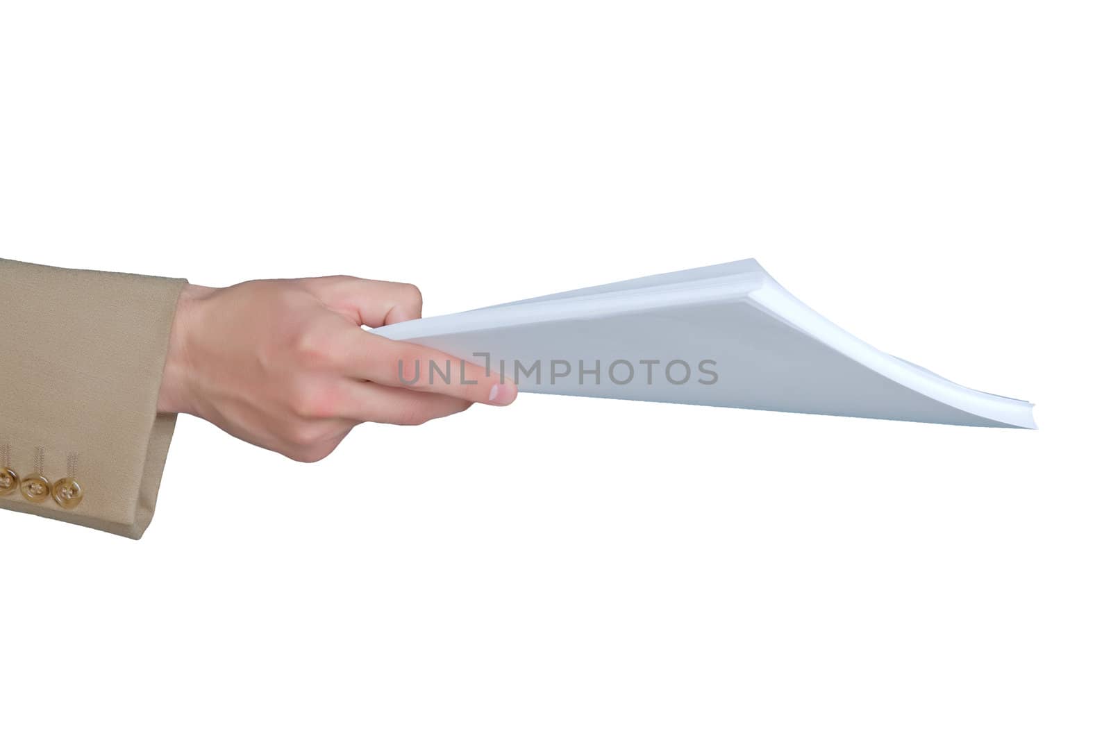 businessman giving documents for review on white background