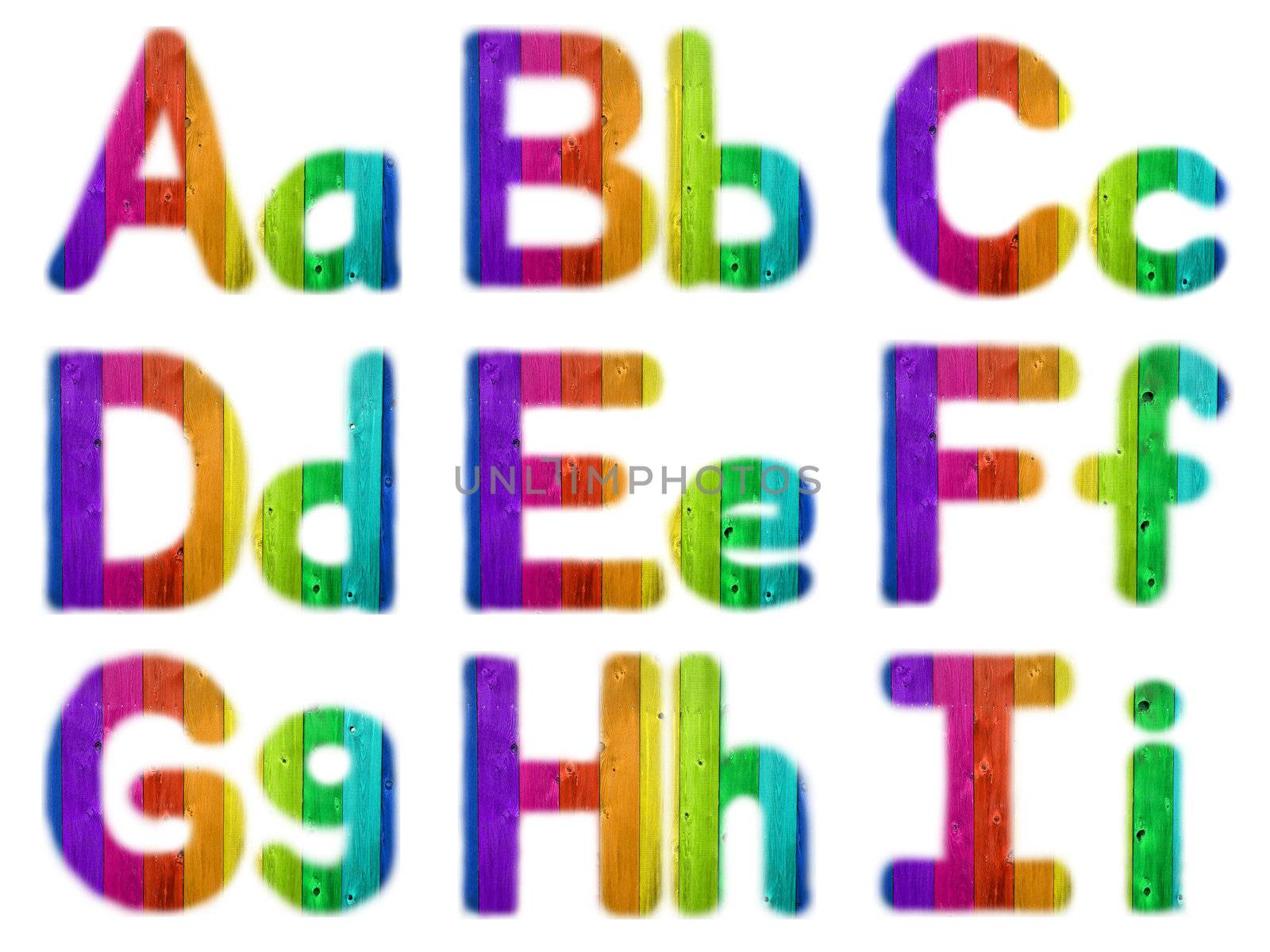 Letters A B C D E F G H I with a Wooden Rainbow Background