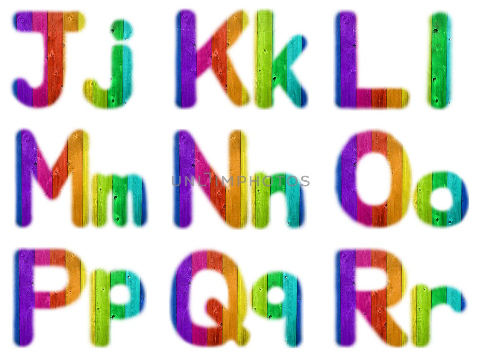 Letters J K L M N O P Q R with a Wooden Rainbow Background