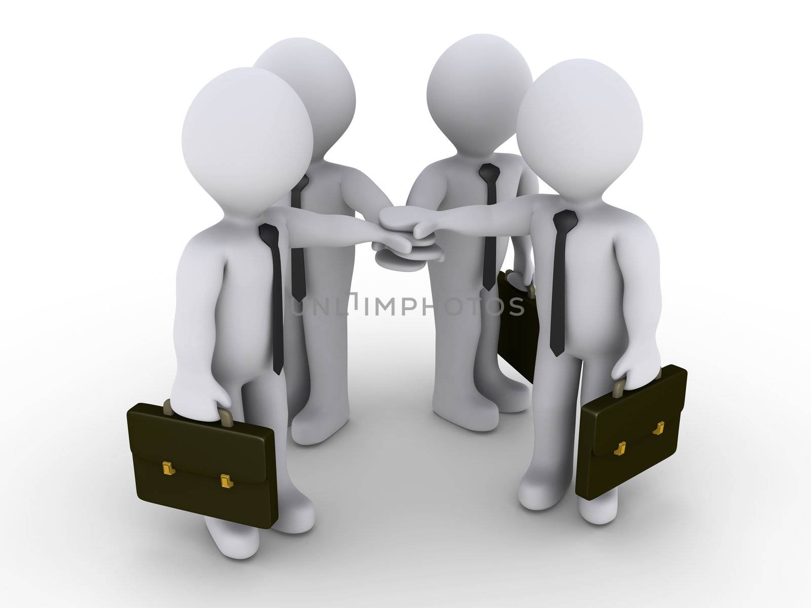 Four 3d businessmen are joining hands