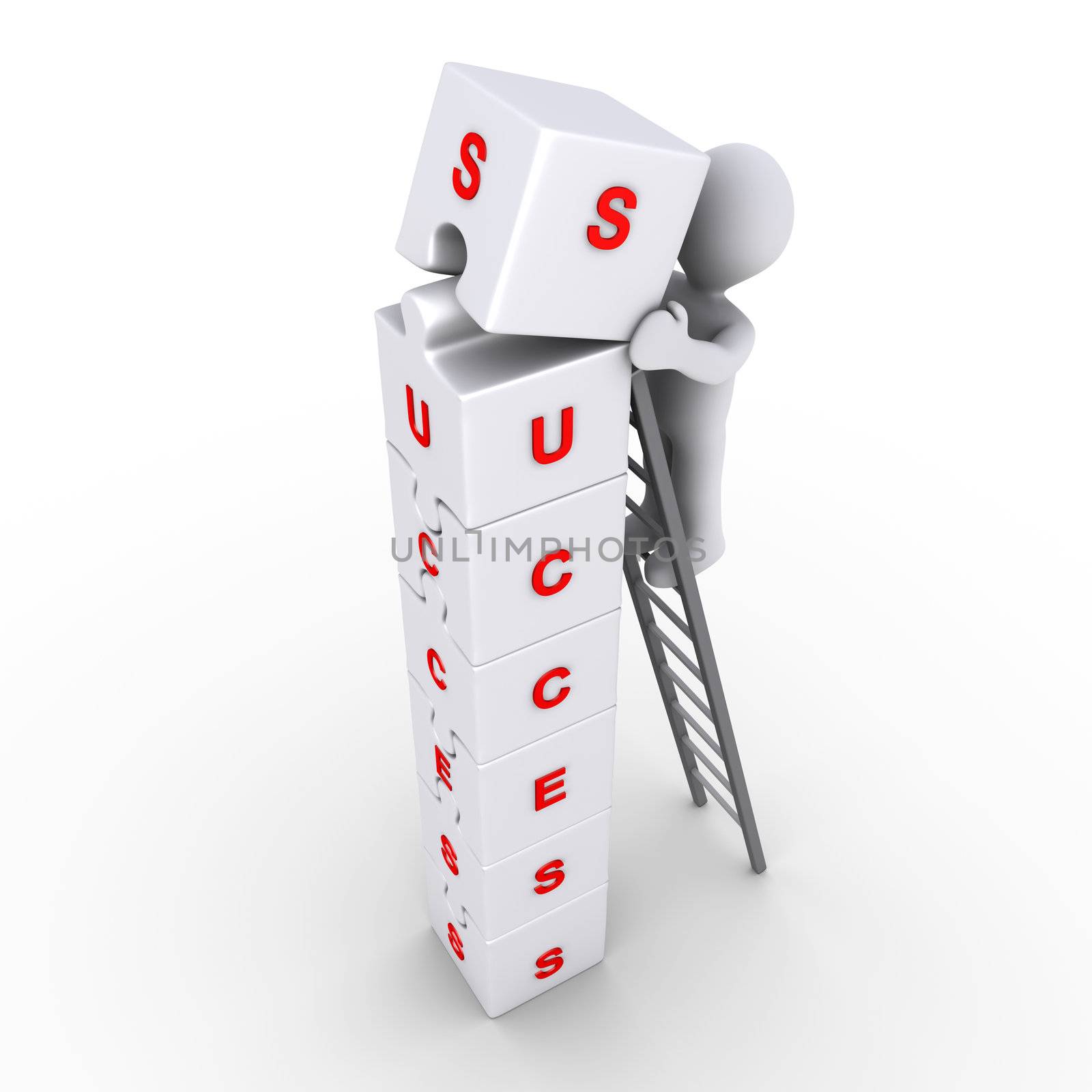3d person on a ladder is putting the last piece of success blocks