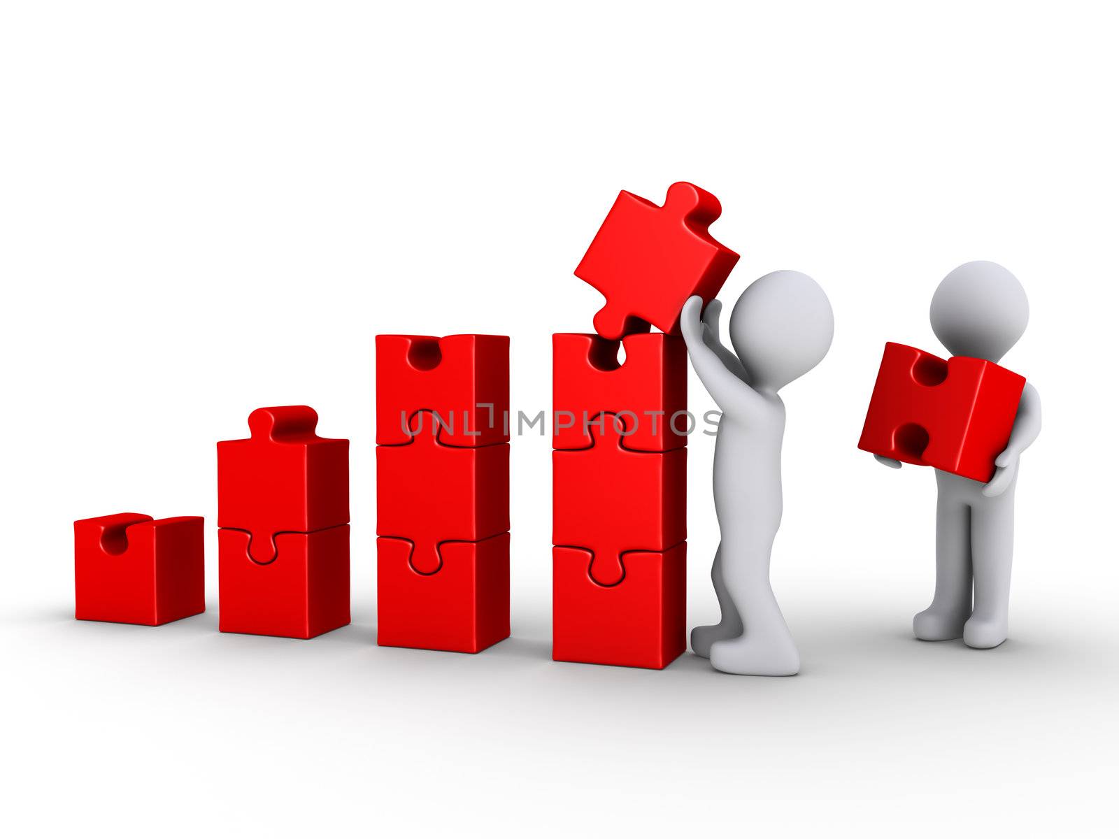 Two 3d persons are building a red graph made of puzzle pieces