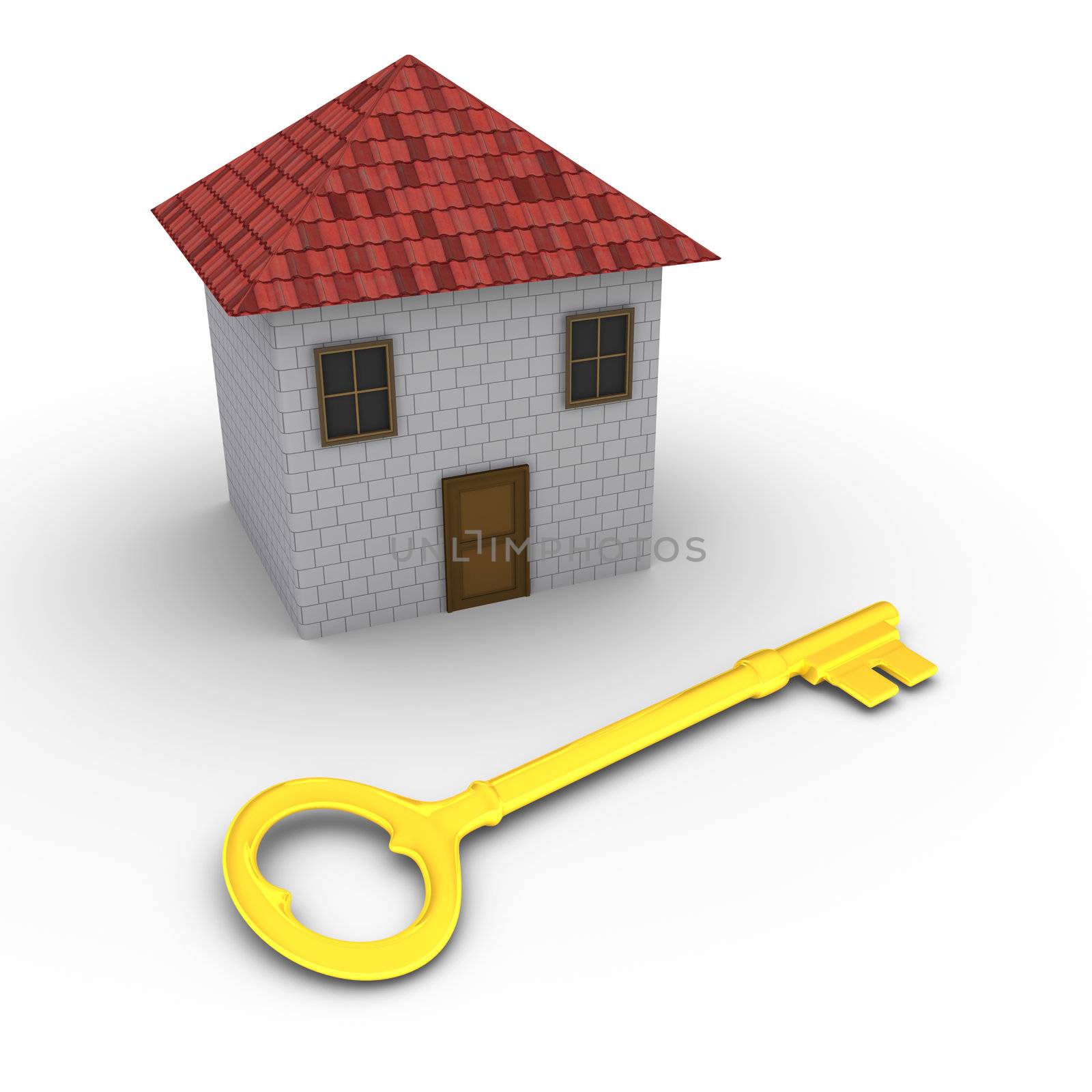 3d house with golden key in front of it