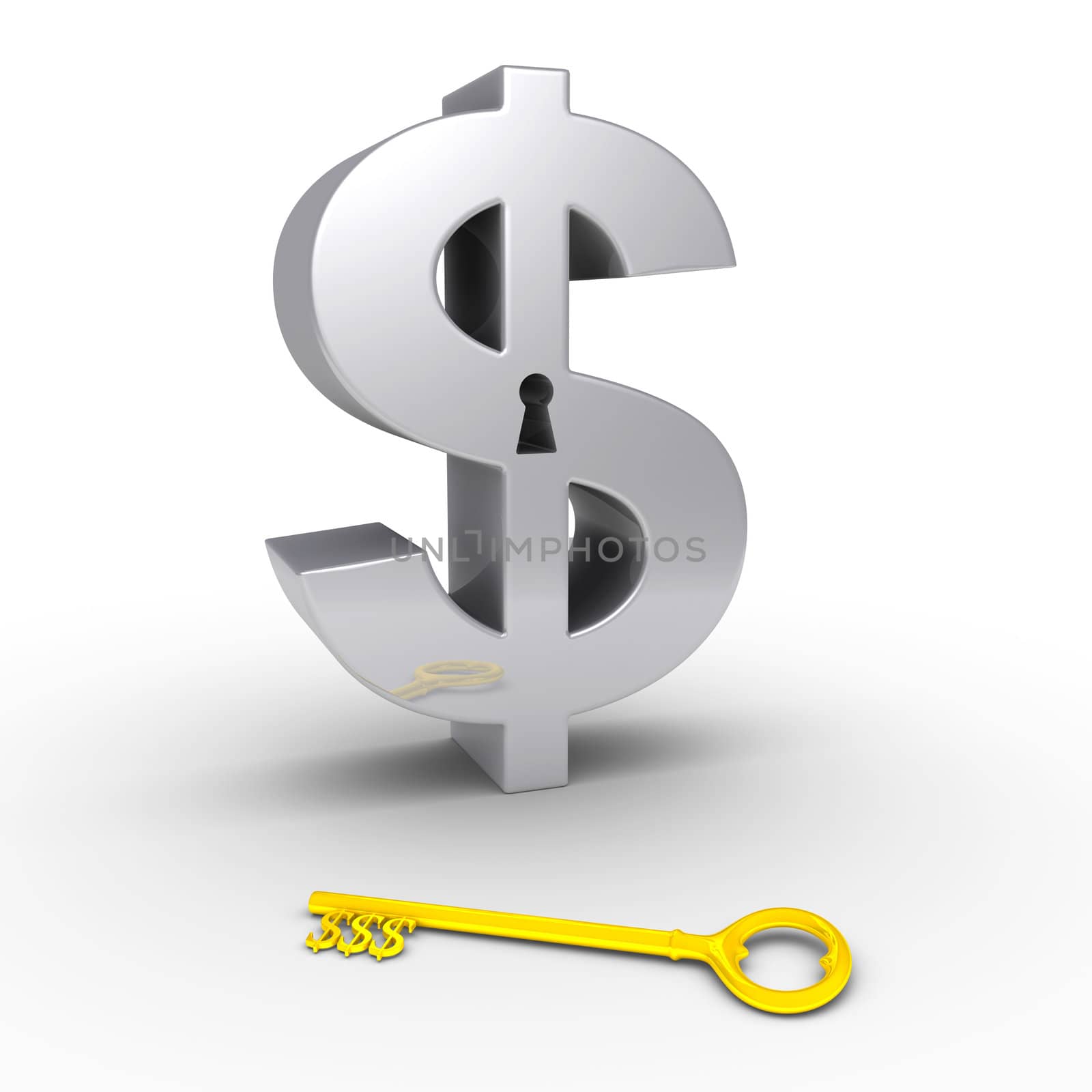3d dollar symbol with keyhole and a golden dollar-key on the ground