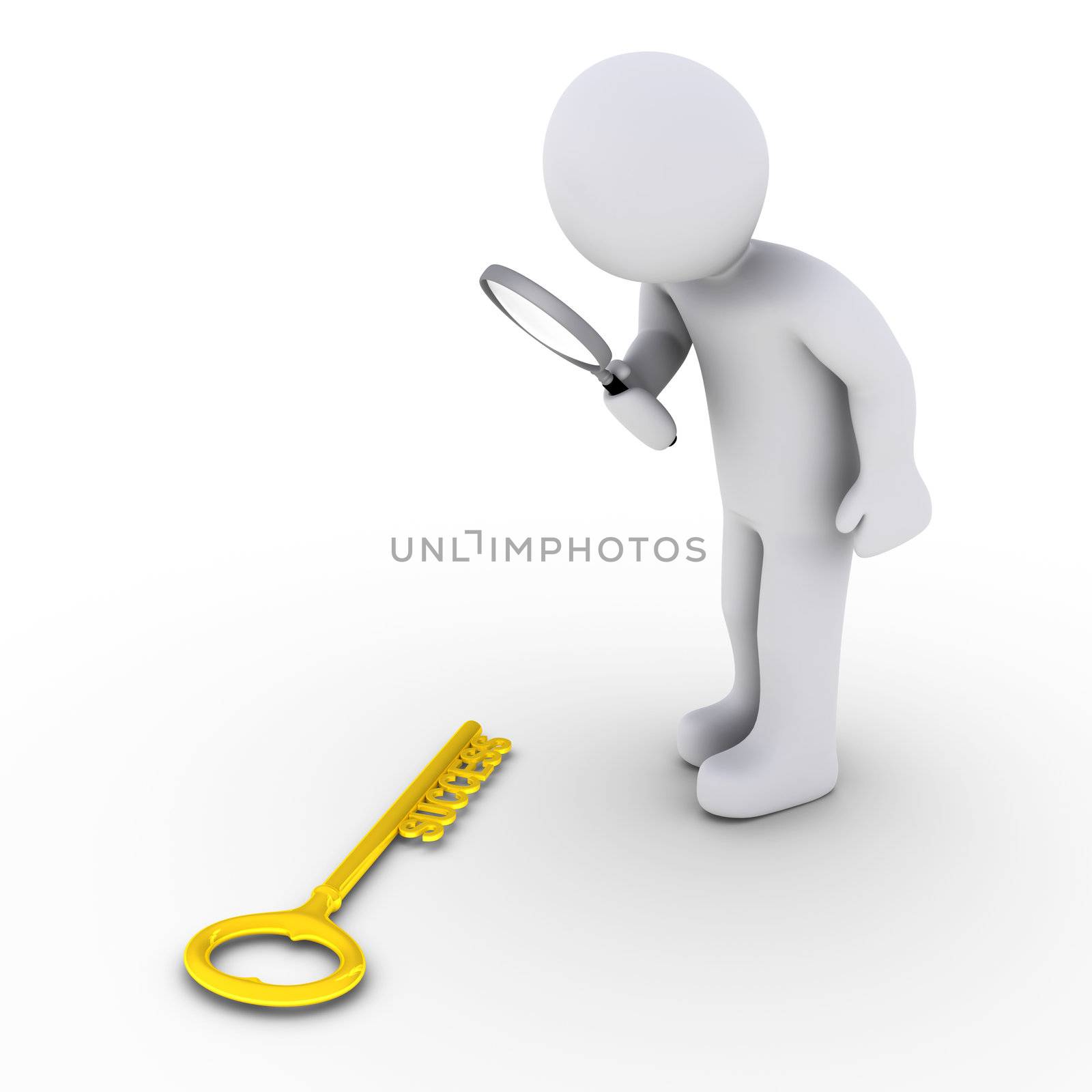3d person with magnifier finds a golden success-key