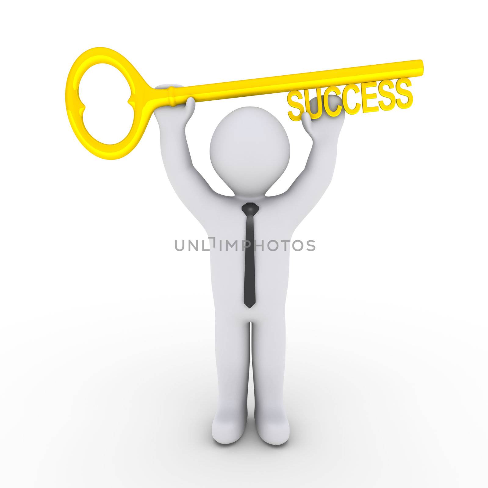 Happy 3d businessman is holding a golden key of success