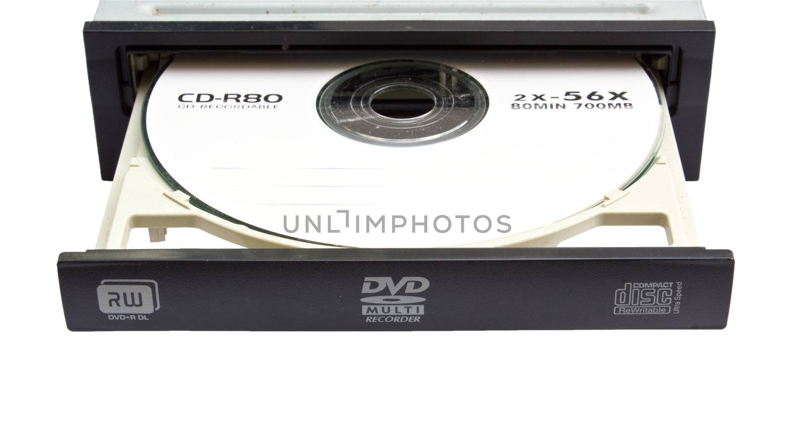 open dvd player on whiteground