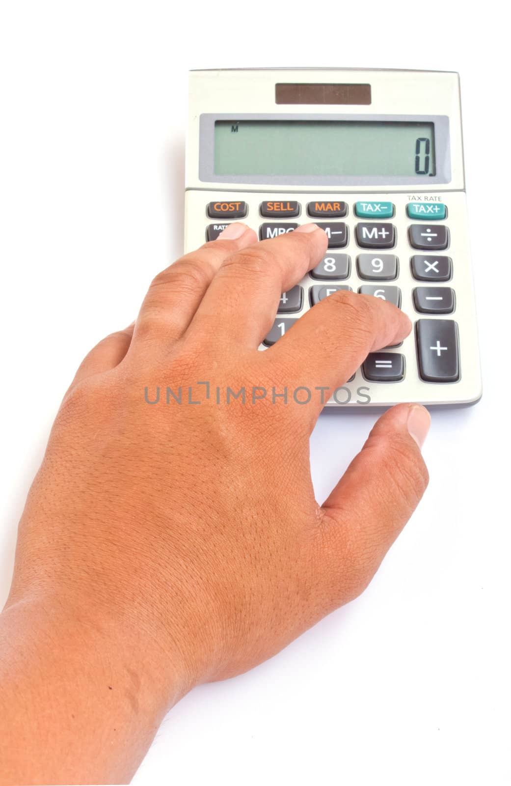 calculator with hand isolated on white